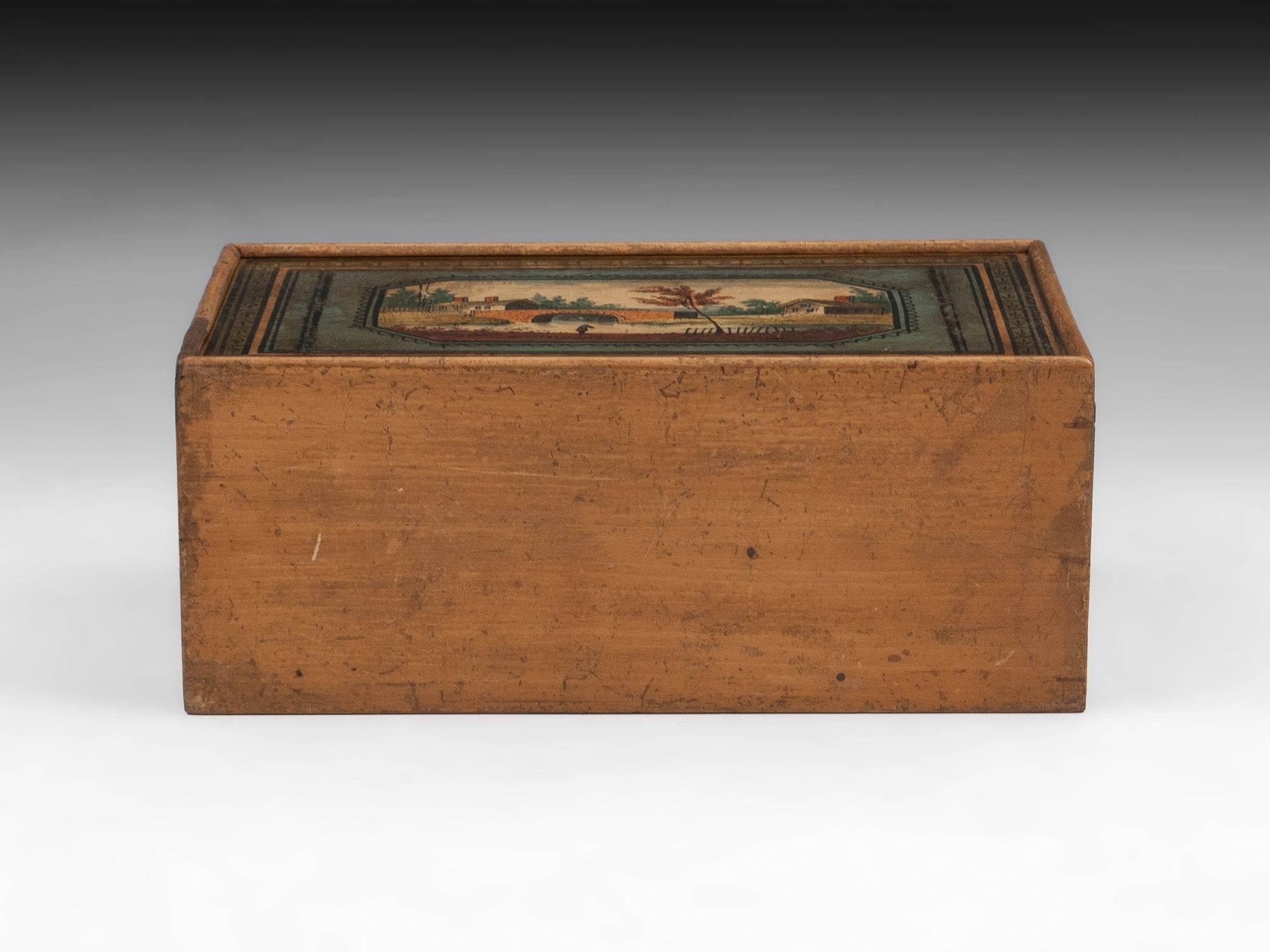 Regency Antique Folk Art Tunbridge Ware Painted Sewing Box, 19th Century For Sale