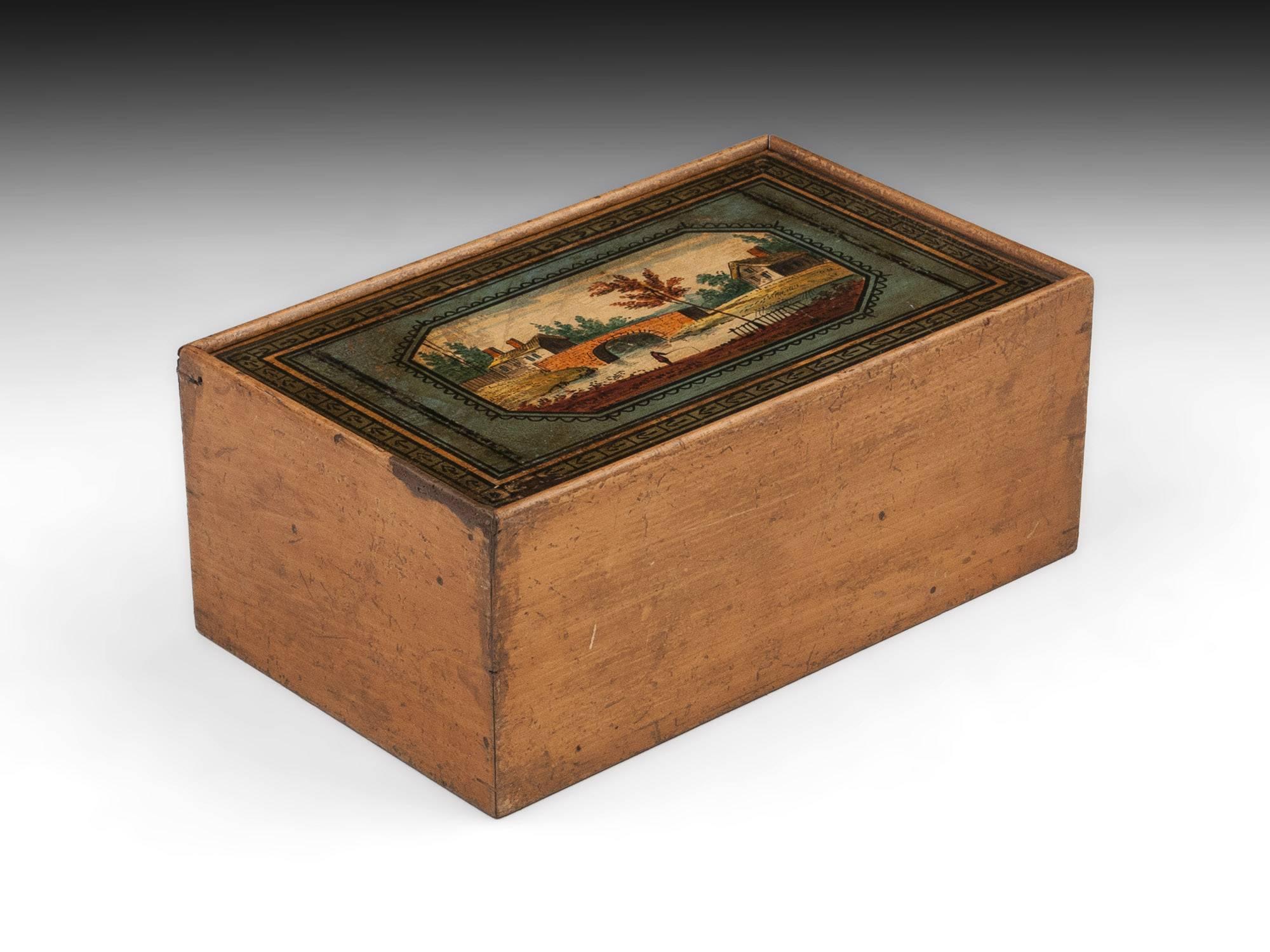 British Antique Folk Art Tunbridge Ware Painted Sewing Box, 19th Century For Sale