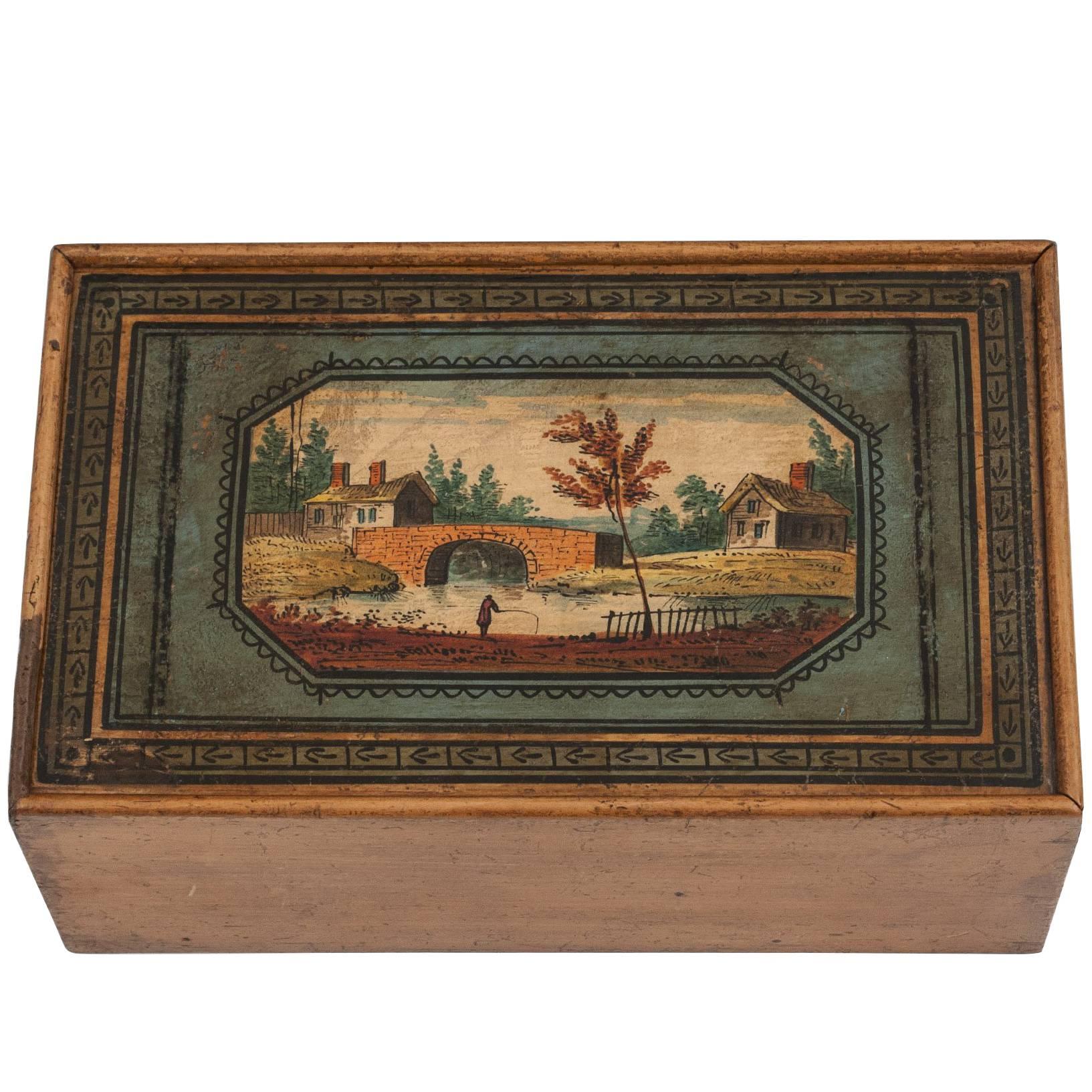Antique Folk Art Tunbridge Ware Painted Sewing Box, 19th Century For Sale