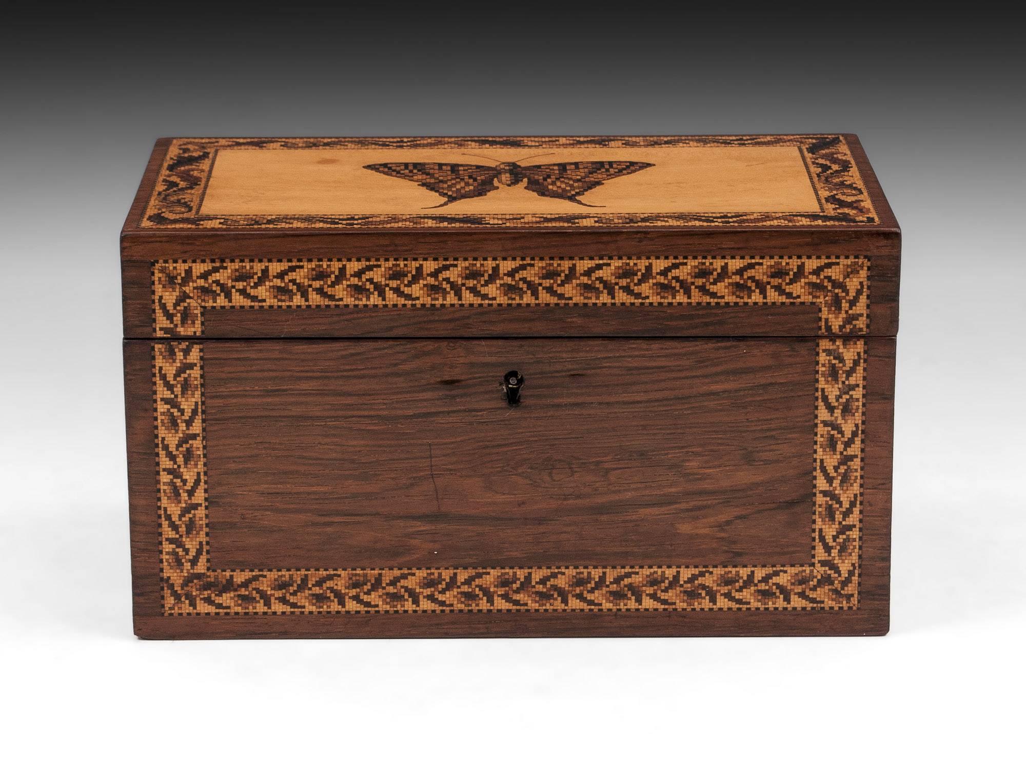 Antique tunbridge ware tea caddy with an inlaid butterfly with floral borders. 

The interior of this Edmund Nye tea caddy features a tea compartment with bone handled lid, and its original cut glass sugar bowl with a star cut base. 

The