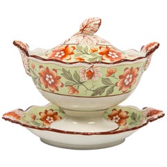 Antique Soupière peinte en vert tendre avec fleurs d'oranger & Berries Angleterre 1830