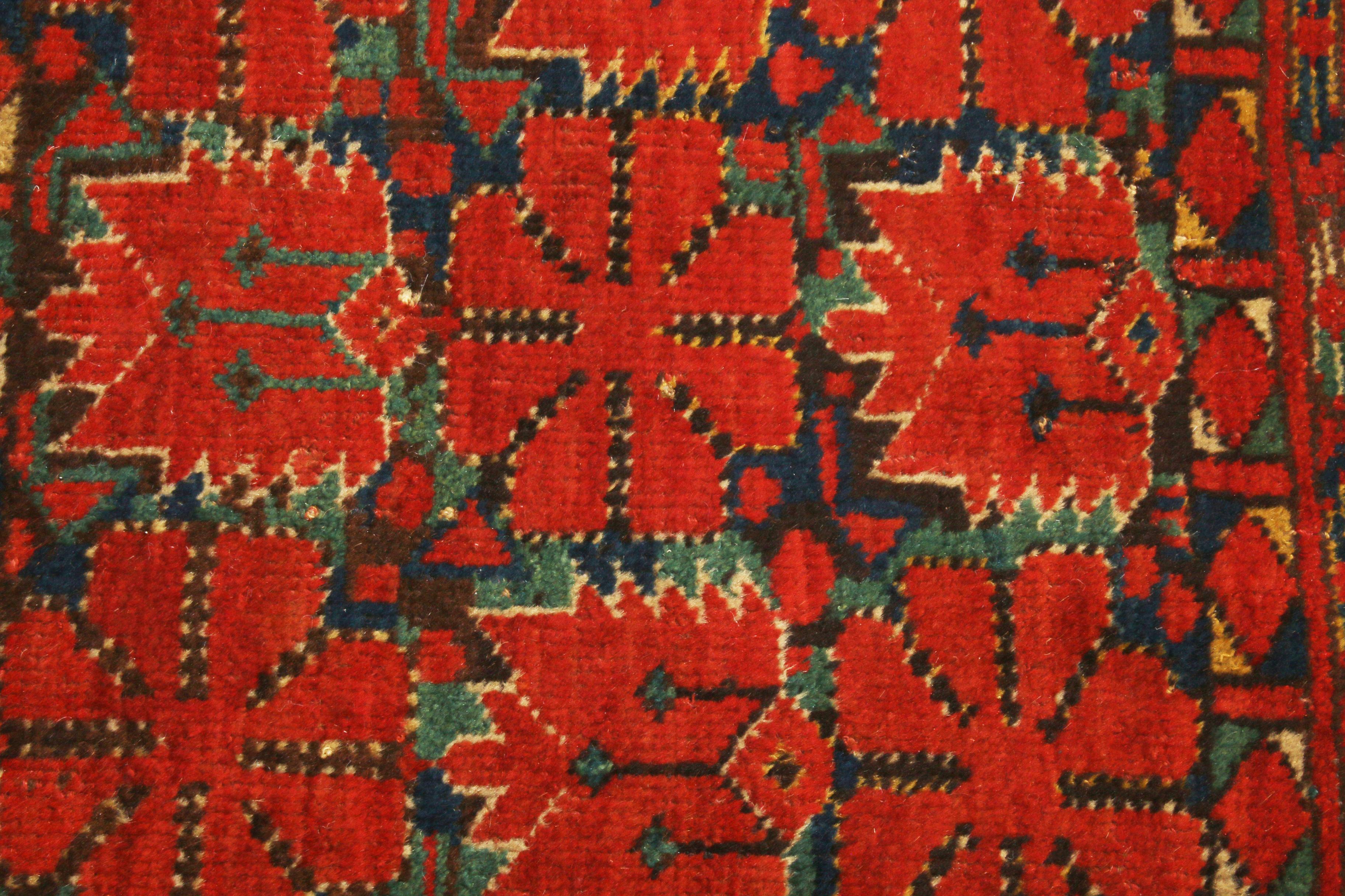 European Antique Turkeman Red and Green Wool Rug Geometric Pattern