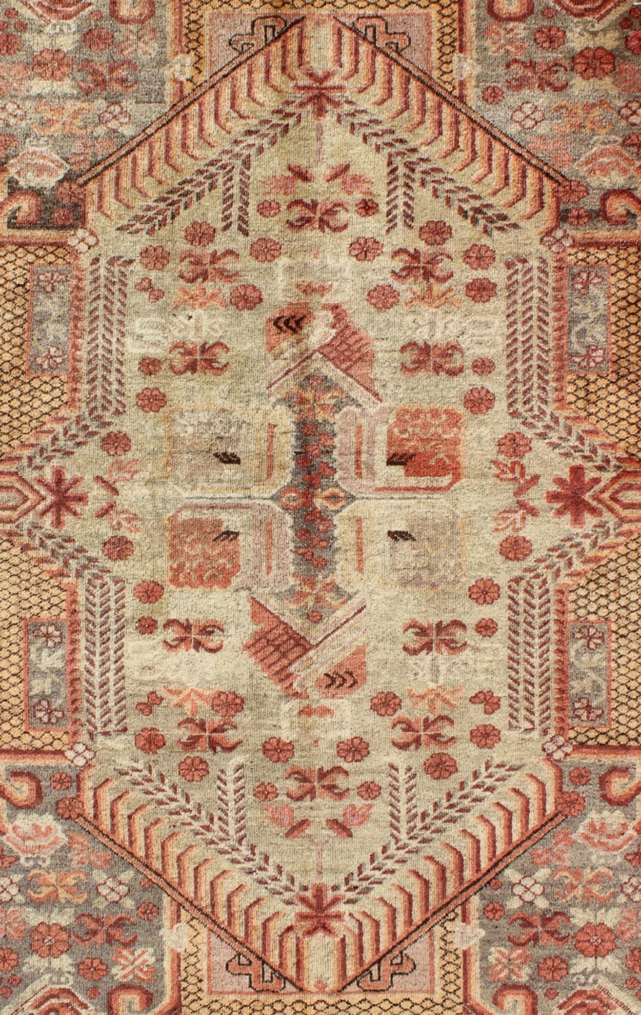 Turkestan Antique Khotan Rug with Unique Pattern in Gray Border, Soft Yellow Green Field For Sale