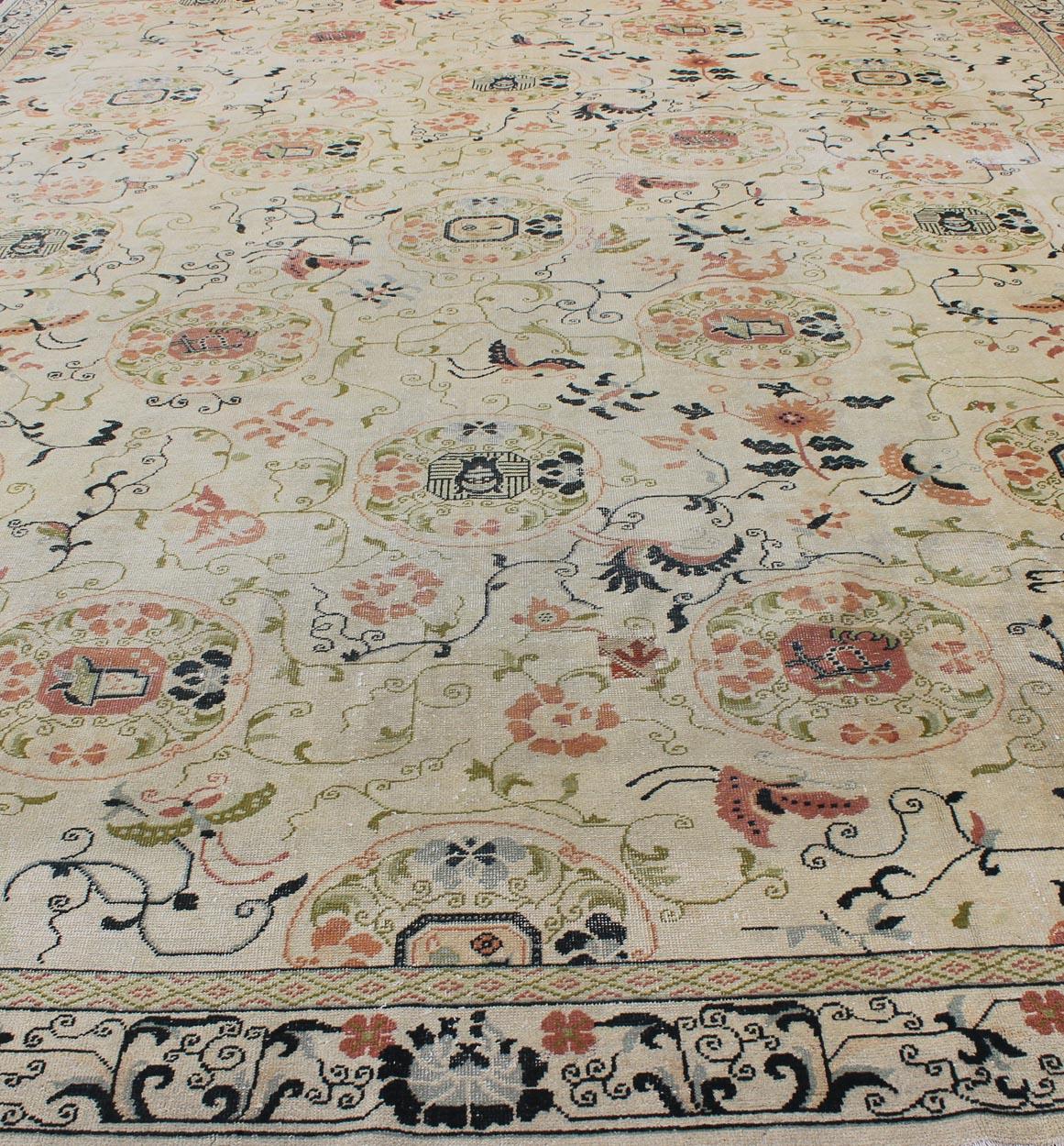 Antique Khotan Rug with  Ivory Field in navy blue, coral, ivory, green, and gray For Sale 3