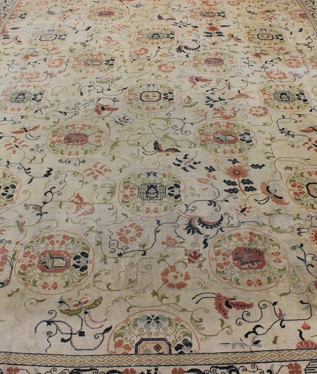 Antique Khotan Rug with  Ivory Field in navy blue, coral, ivory, green, and gray For Sale 4