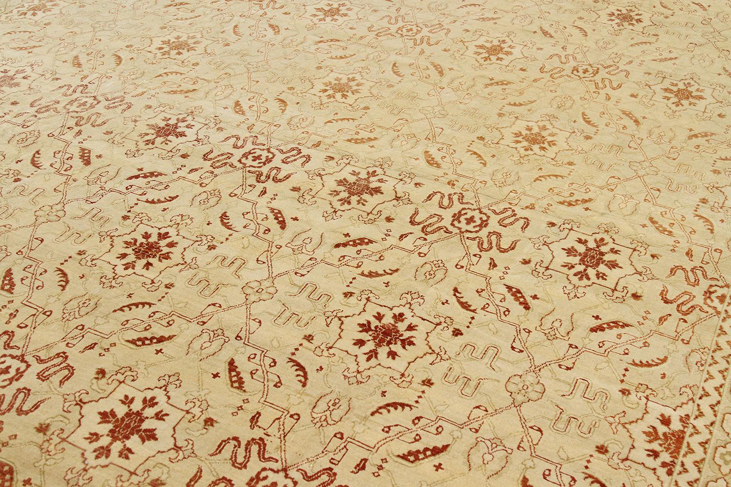 Hand-Woven Antique Turkish Agra Rug with Beige and Red Botanical Field For Sale