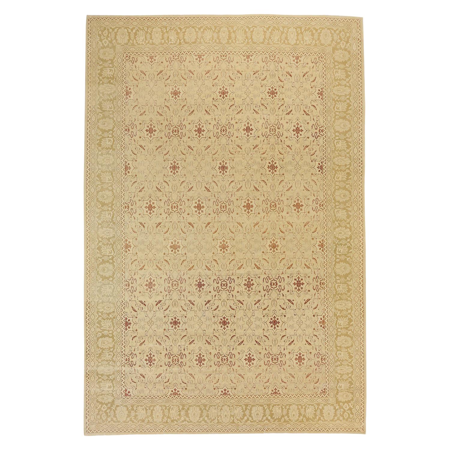 Antique Turkish Agra Rug with Beige and Red Botanical Field For Sale