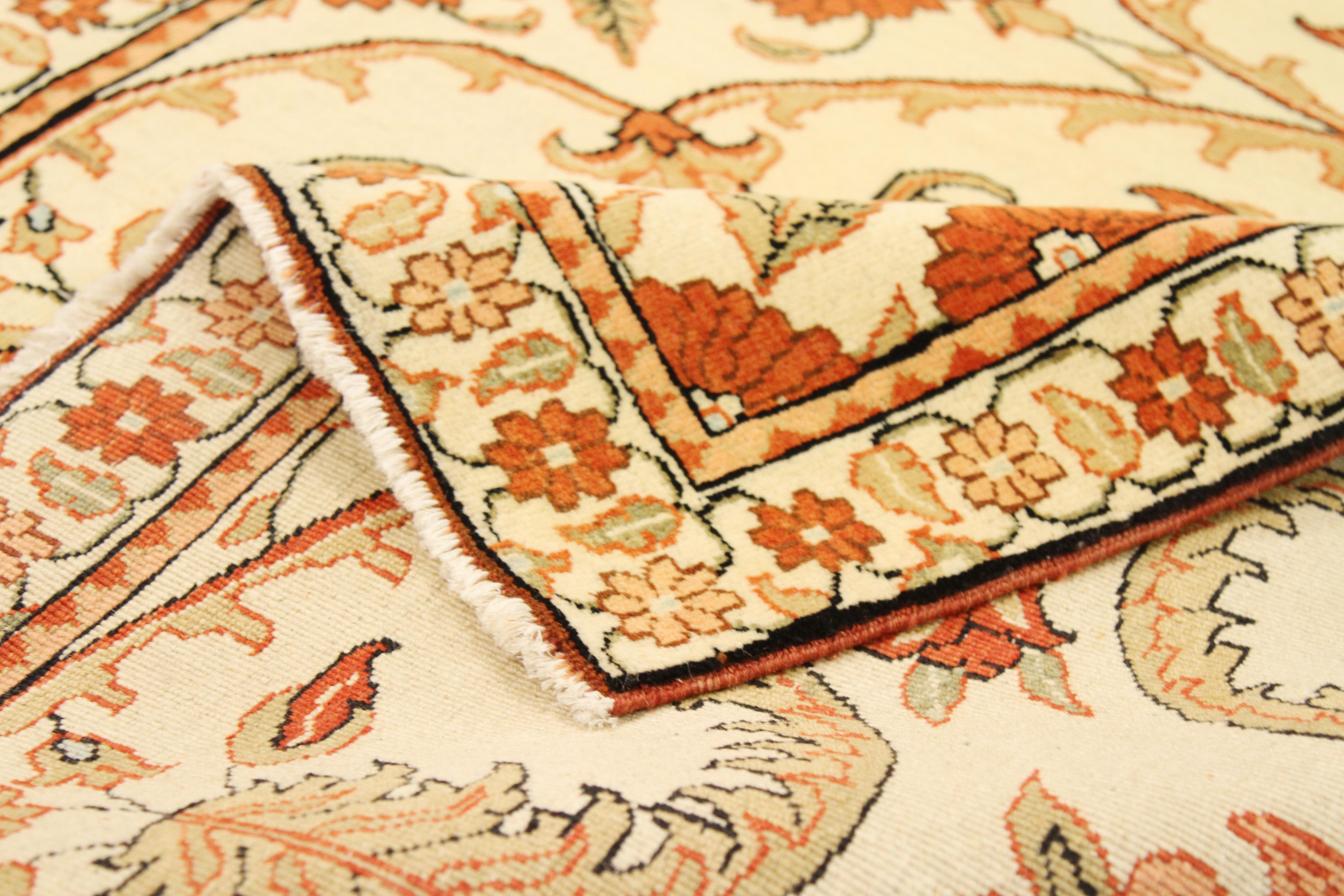 Hand-Woven Antique Turkish Agra Runner Rug with Beige & Orange Botanical Details For Sale