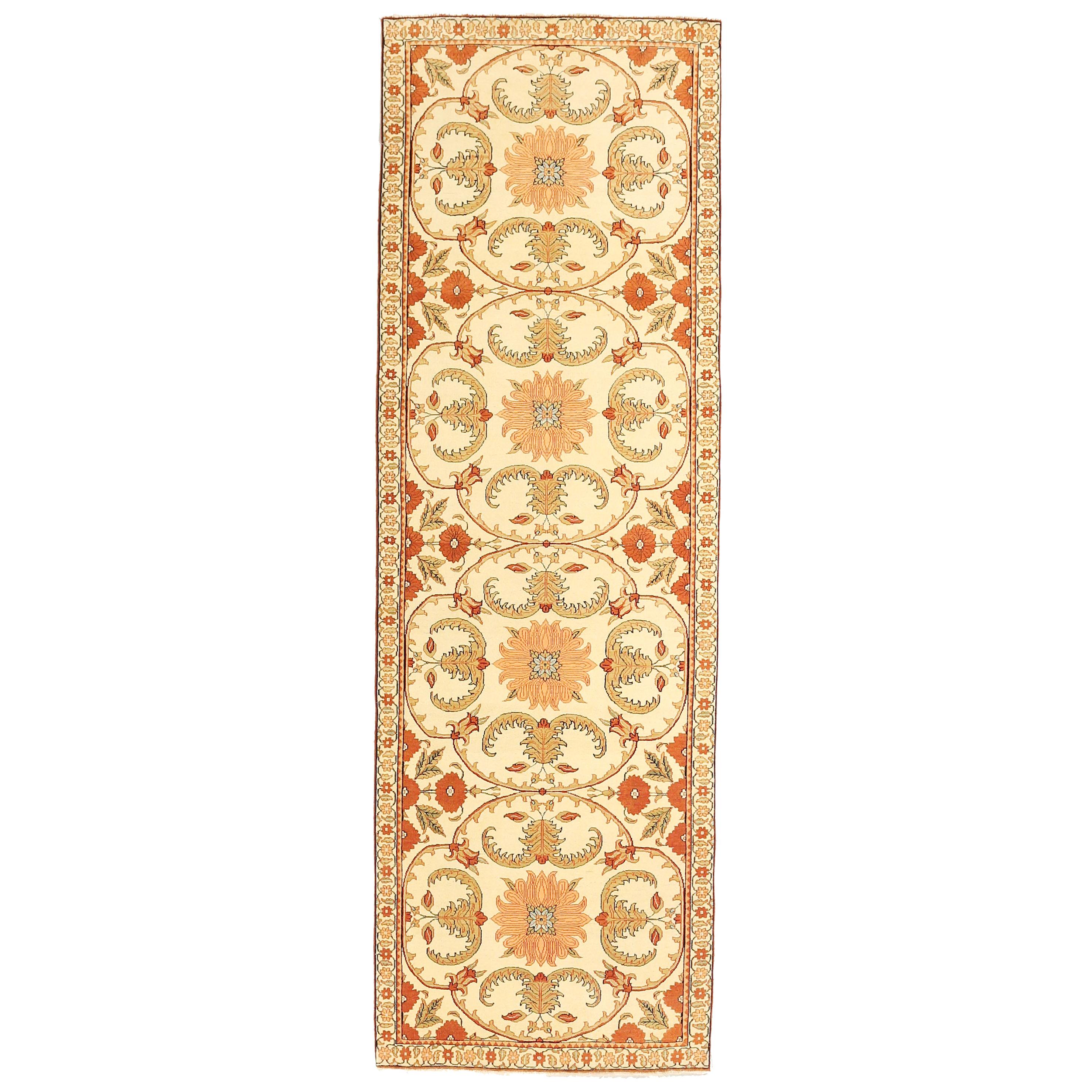 Antique Turkish Agra Runner Rug with Beige & Orange Botanical Details
