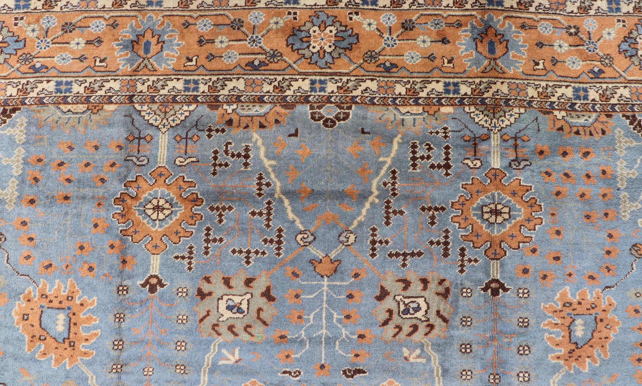 Antique Turkish All Over Oushak Rug in Blue Background by Keivan Woven Arts For Sale 5