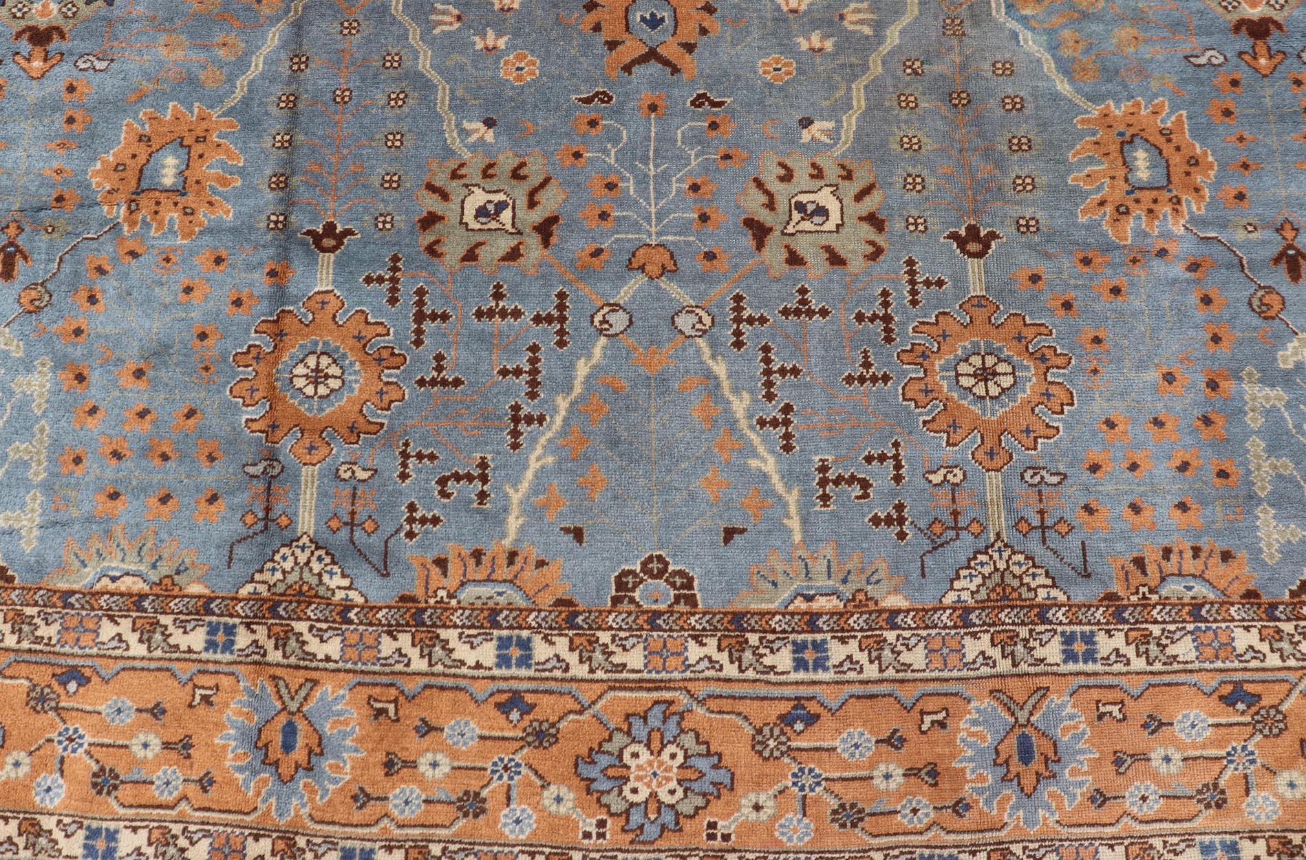 Antique Turkish All Over Oushak Rug in Blue Background by Keivan Woven Arts For Sale 8