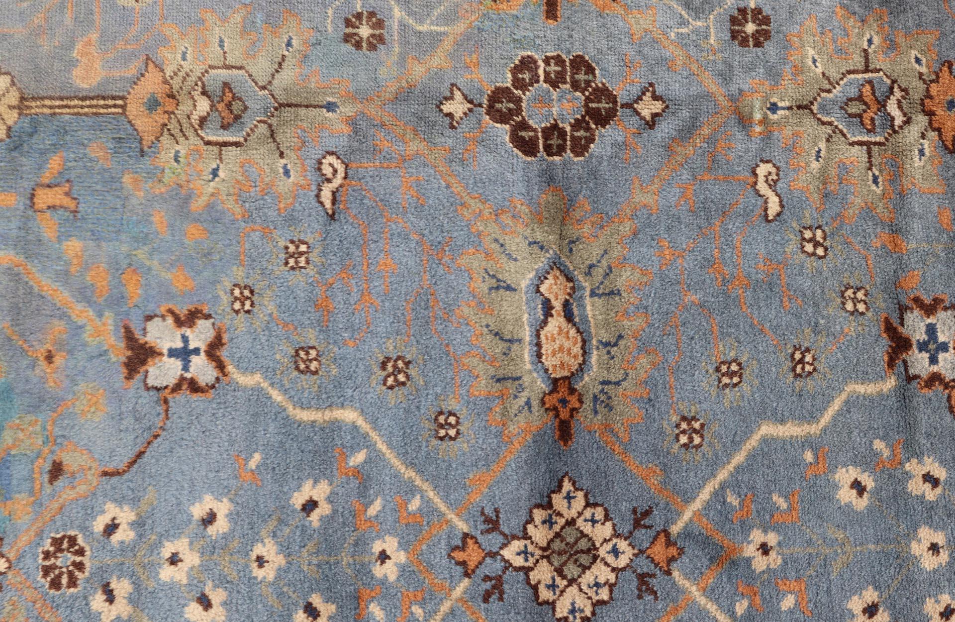 Antique Turkish All Over Oushak Rug in Blue Background by Keivan Woven Arts For Sale 9