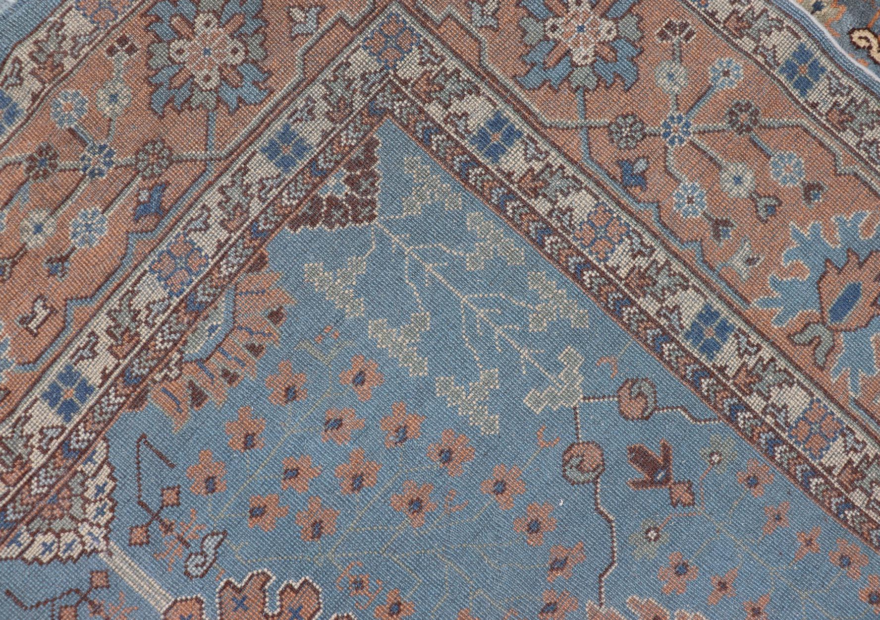 20th Century Antique Turkish All Over Oushak Rug in Blue Background by Keivan Woven Arts For Sale