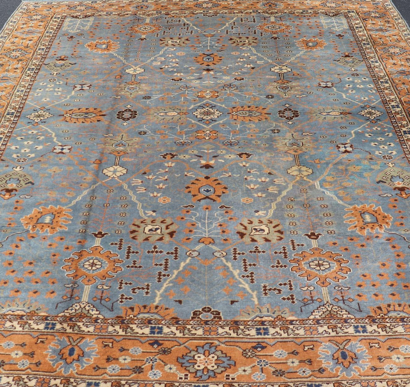 Antique Turkish All Over Oushak Rug in Blue Background by Keivan Woven Arts For Sale 1