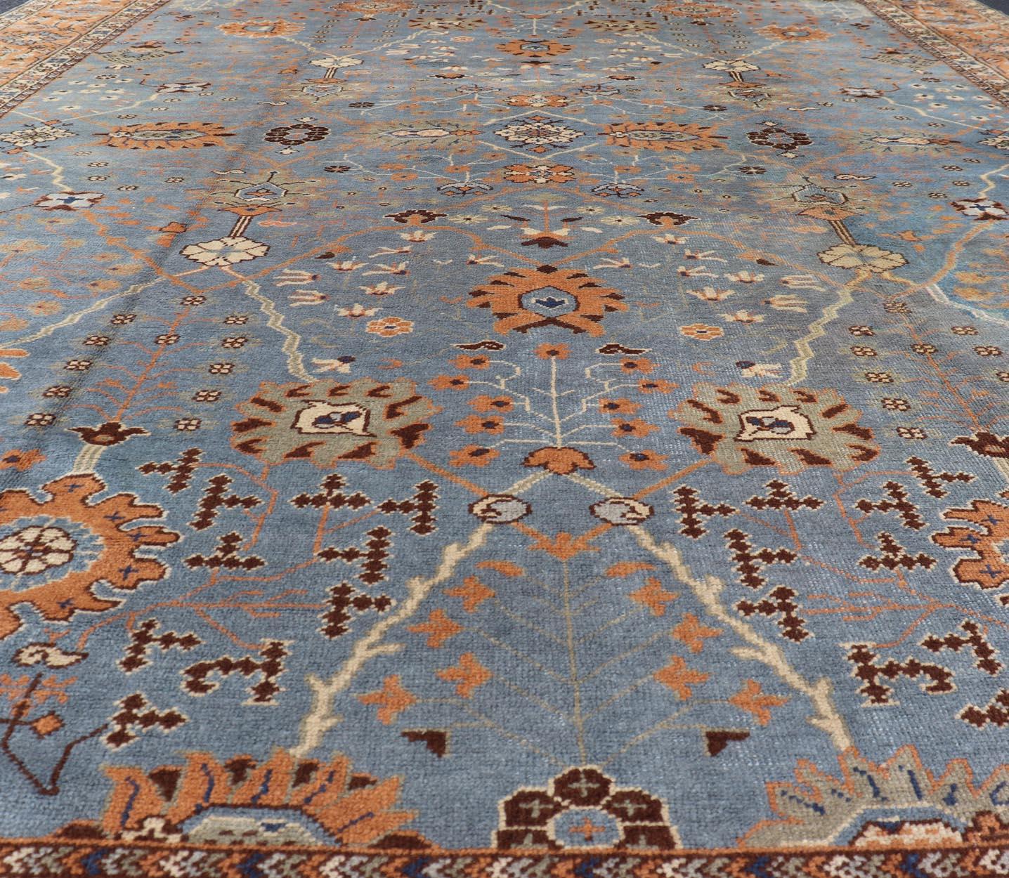 Antique Turkish All Over Oushak Rug in Blue Background by Keivan Woven Arts For Sale 2