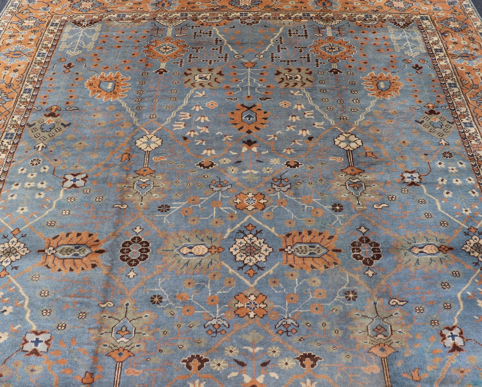 Antique Turkish All Over Oushak Rug in Blue Background by Keivan Woven Arts For Sale 3