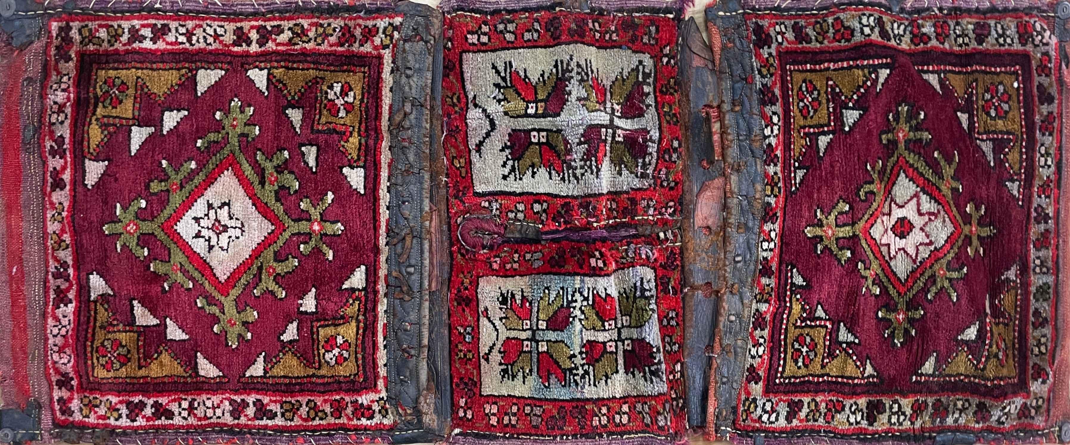 Antique Turkish Saddle bag made of  flat weave or kilim.
In the past used for transportation on camels.
It's a collector rug or a very nice decorative for your home.