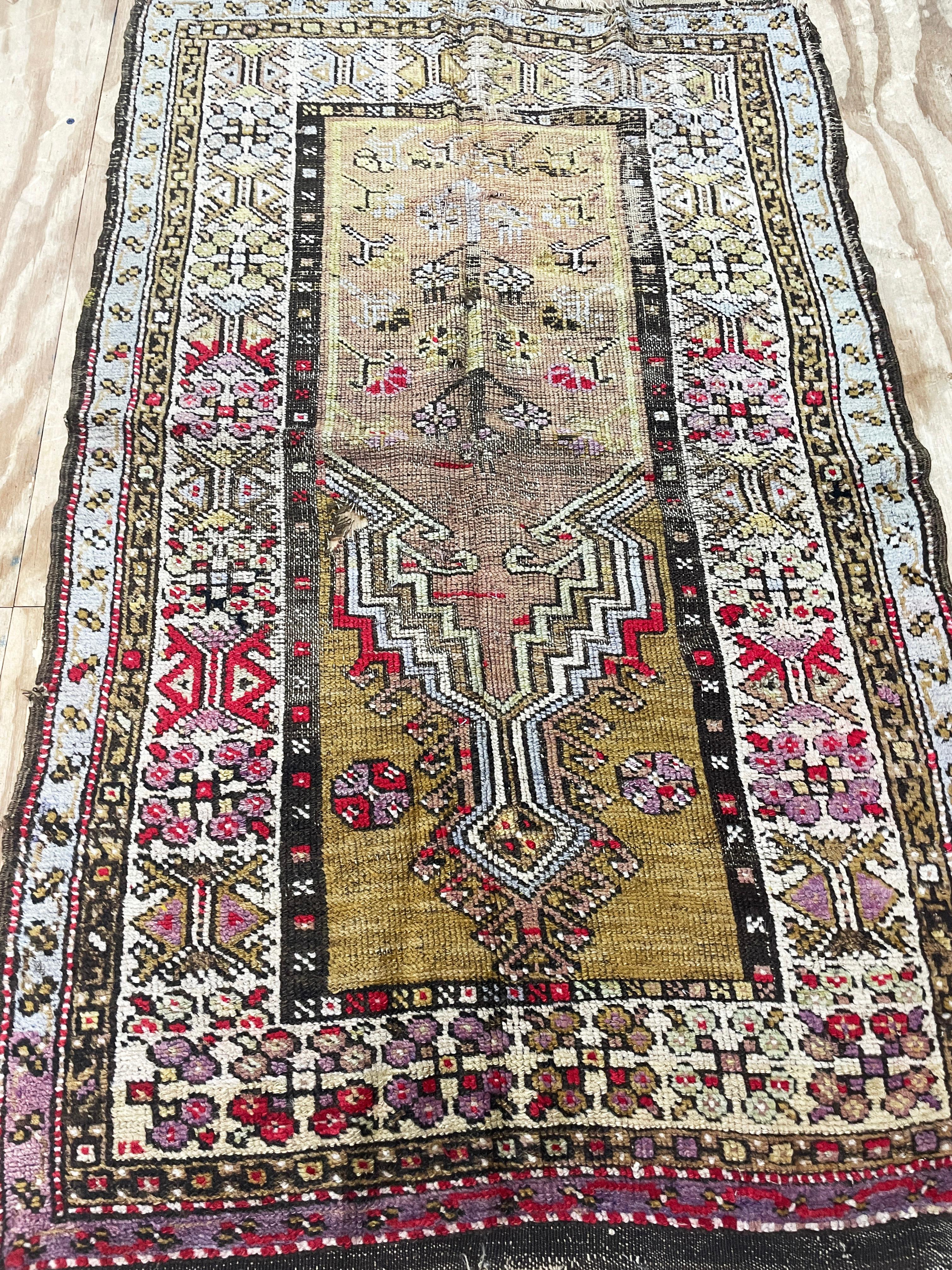 Hand-Knotted Antique Turkish Anatolian Tree of life and prayer Rug As Is