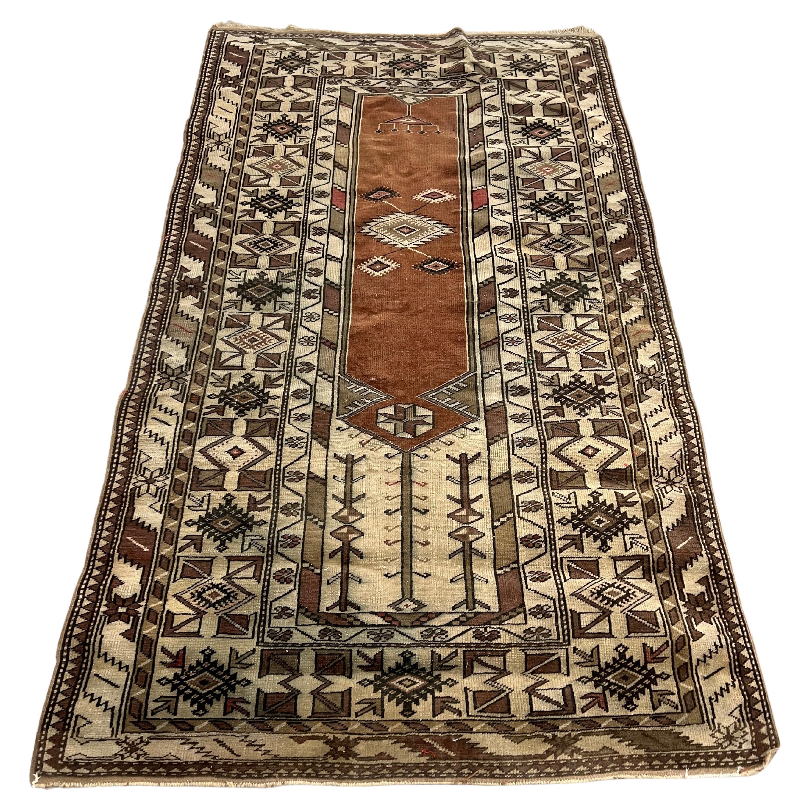 Antique Turkish Anatolian Wool Rug or Carpet  7'3" x 4'2" For Sale
