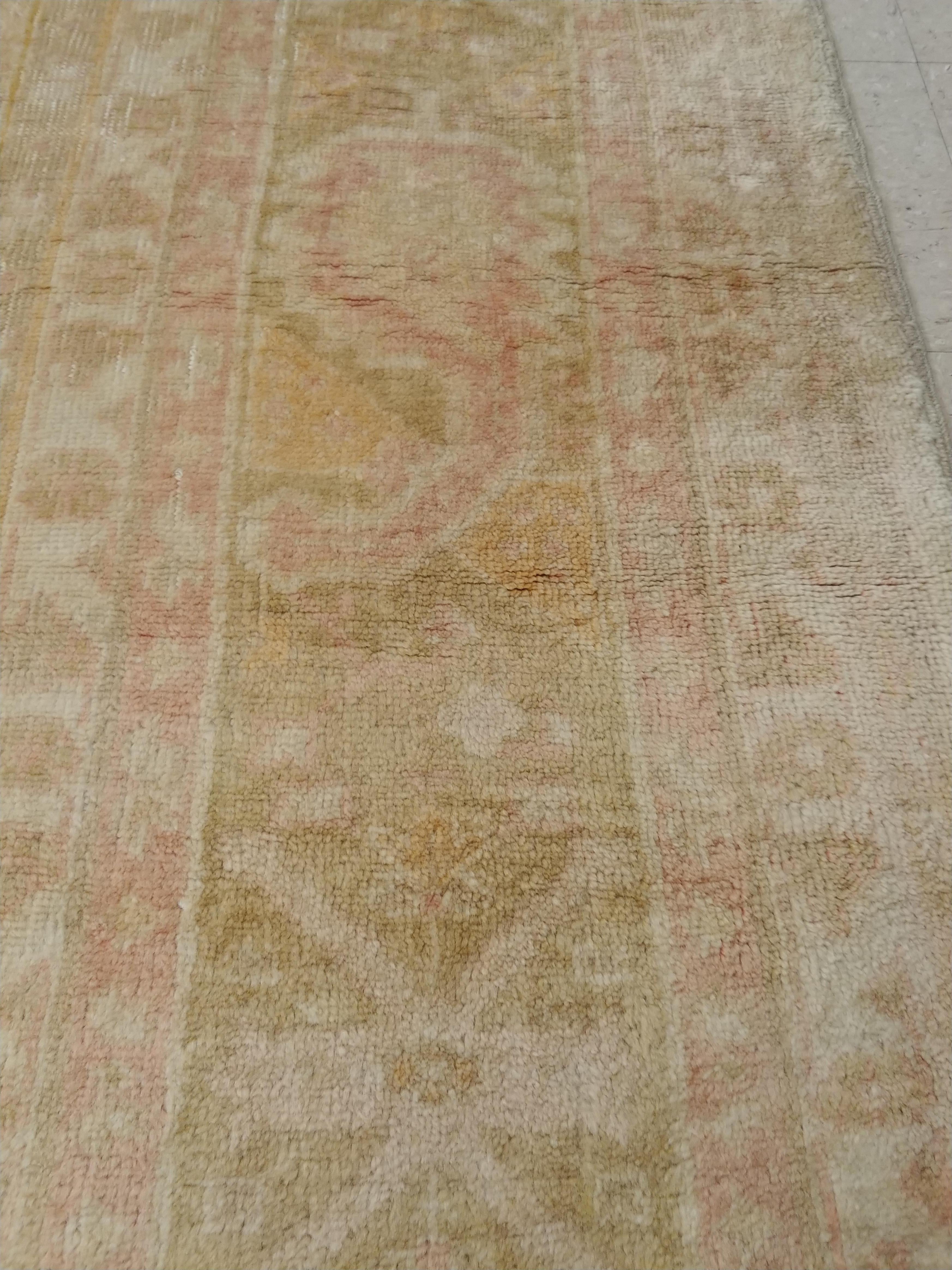 Antique Turkish Angora Oushak Carpet, Handmade Oriental Rug Shrimp, Pink, Ivory For Sale 8