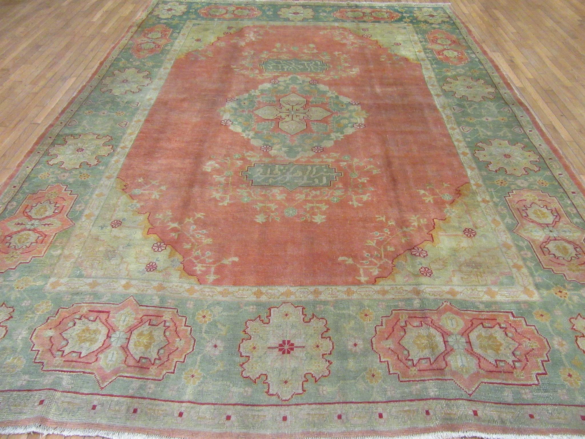 Antique Hand Knotted Angora Wool Salmon Color Turkish Oushak Rug For Sale 8