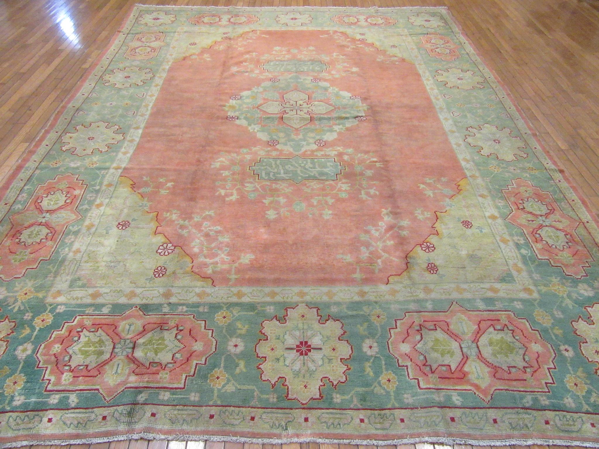 Hand-Knotted Antique Hand Knotted Angora Wool Salmon Color Turkish Oushak Rug For Sale