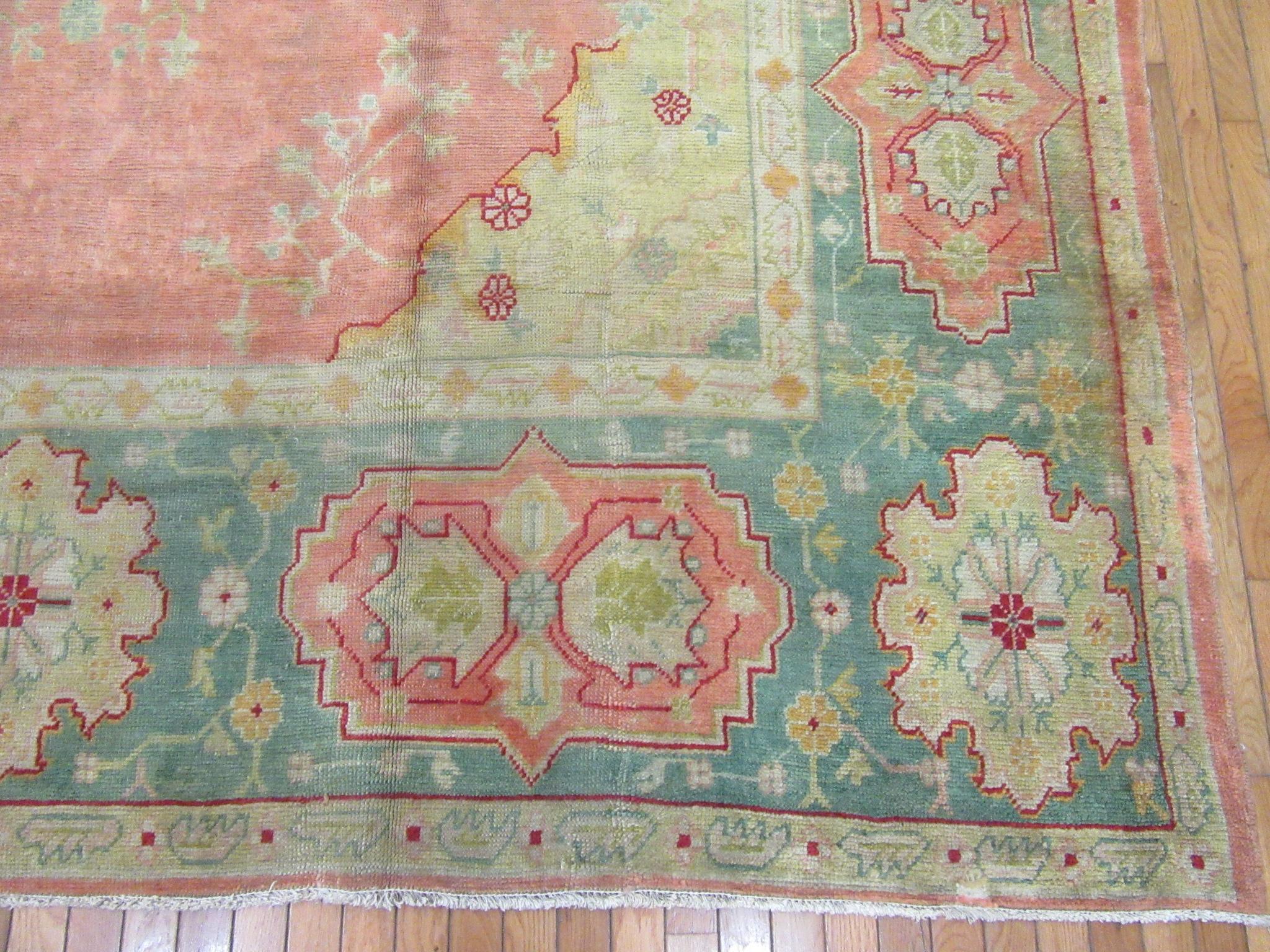 Antique Hand Knotted Angora Wool Salmon Color Turkish Oushak Rug For Sale 1