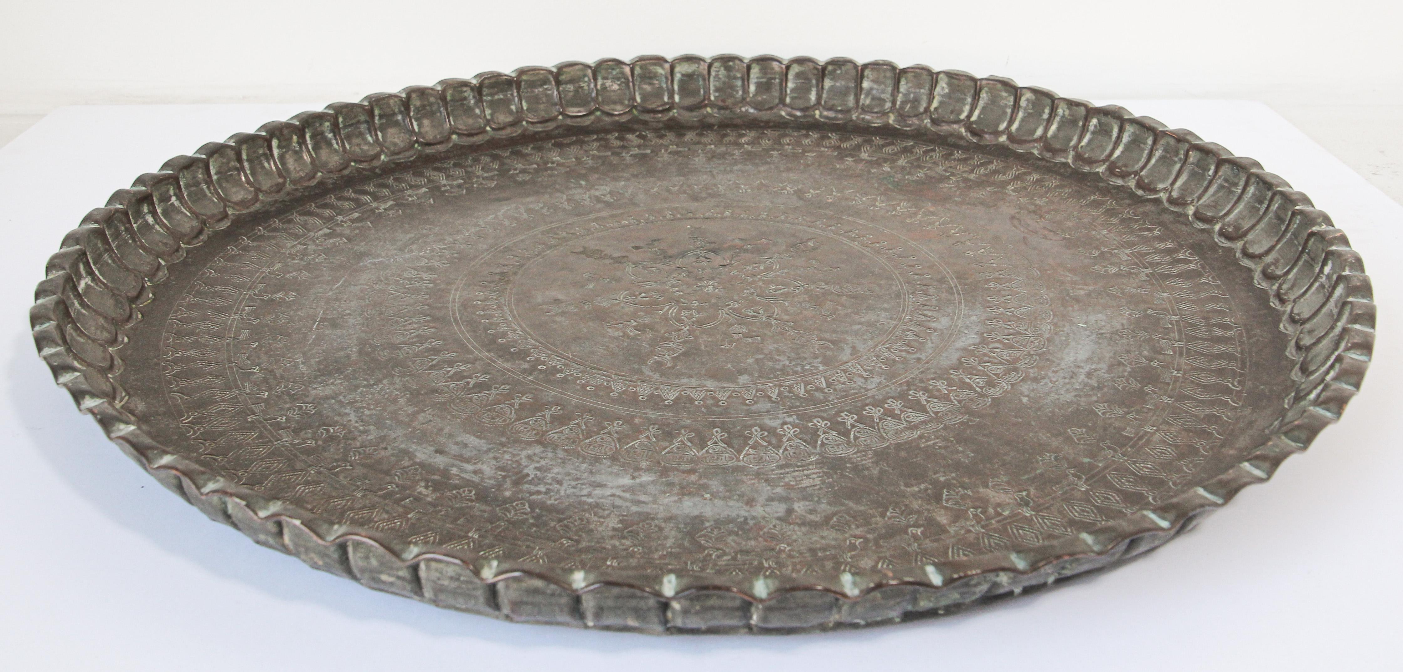 Antique Moorish Tin Copper Round Charger Tray 6