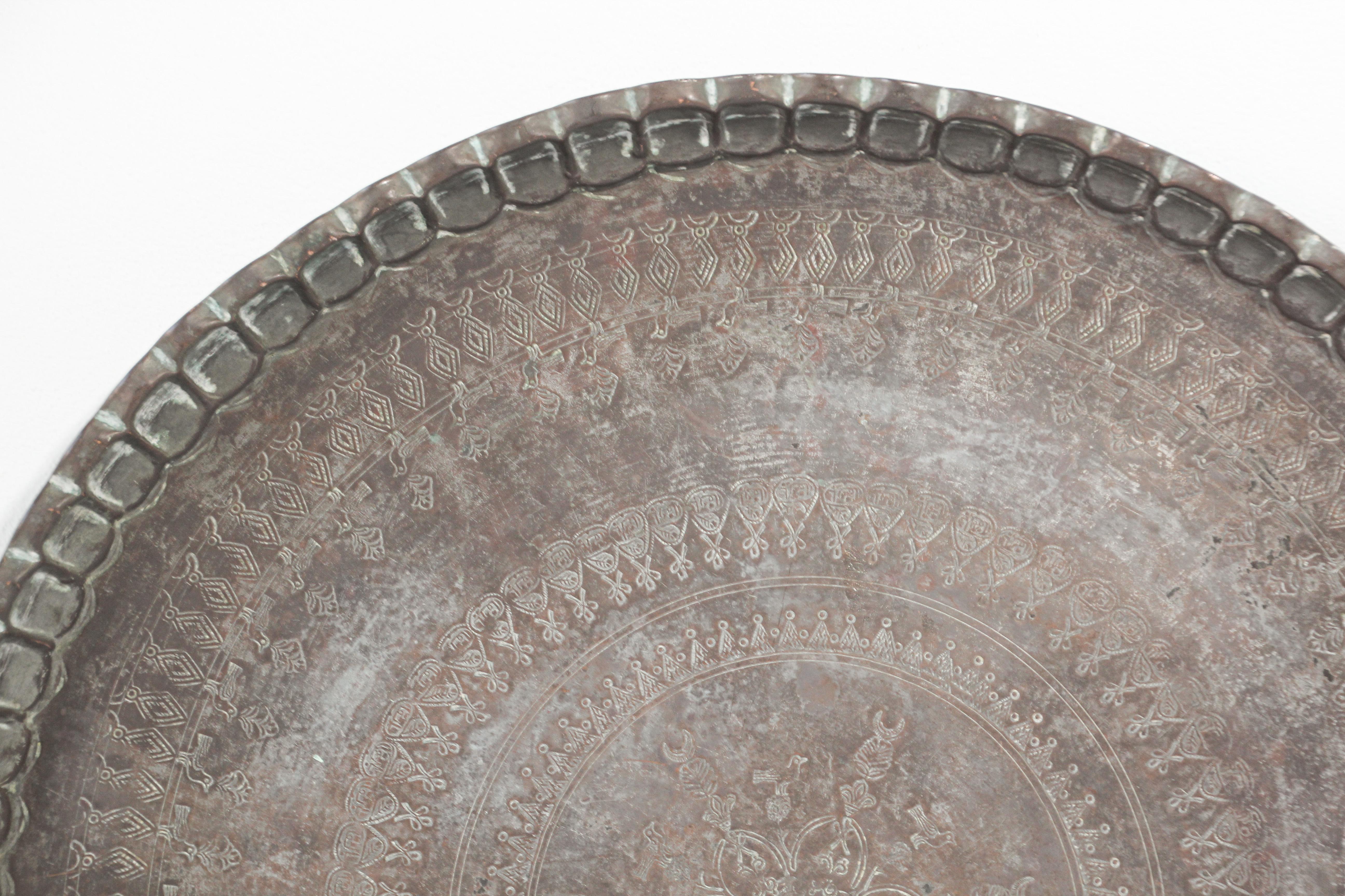 Turkish Antique Moorish Tin Copper Round Charger Tray