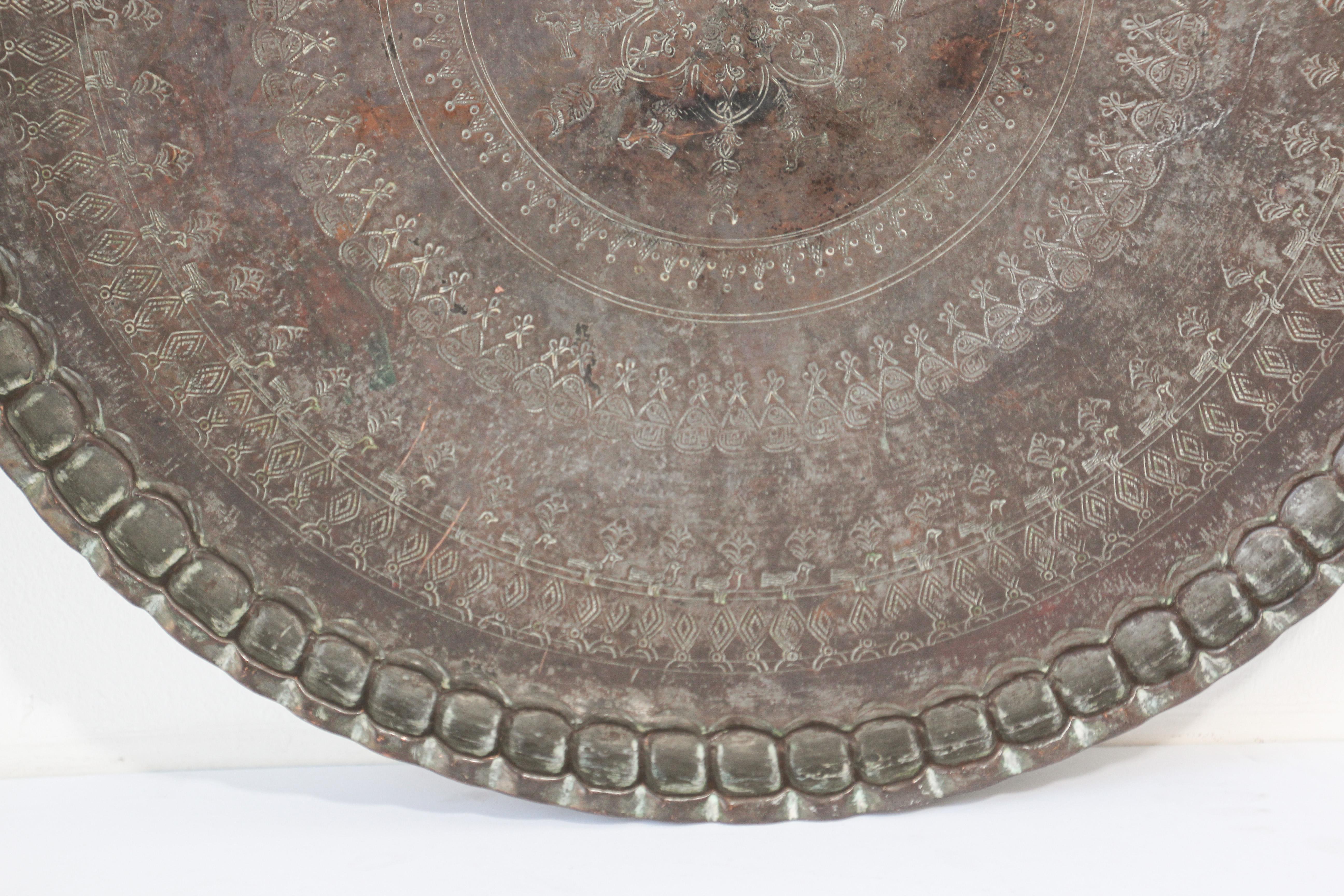 Antique Moorish Tin Copper Round Charger Tray In Good Condition In North Hollywood, CA