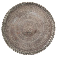 Antikes, rundes Tablett aus maurischem Zinn-Kupfer