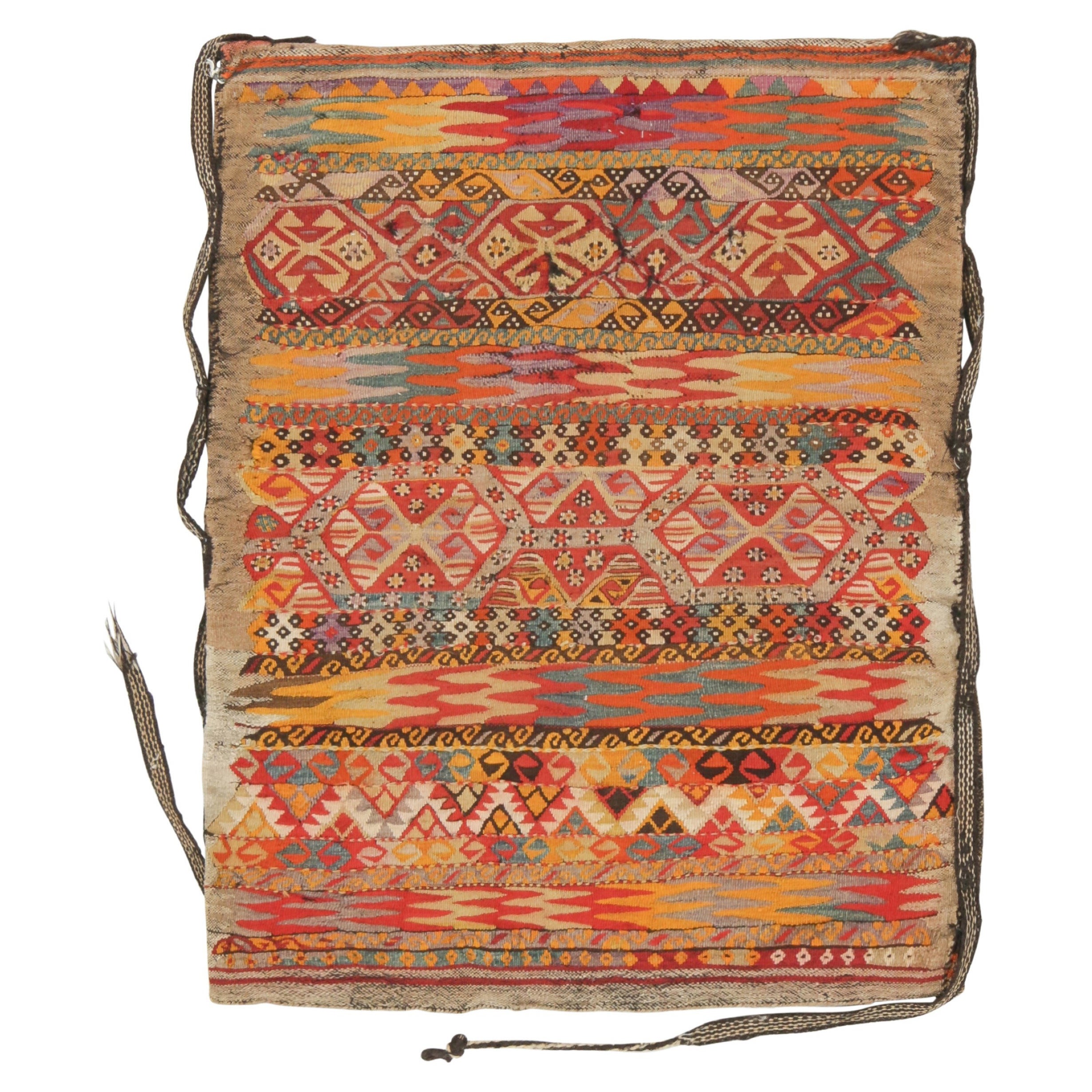 Antica borsa turca in tessuto, con vibranti motivi geometrici tribali - Rug & Kilim in vendita