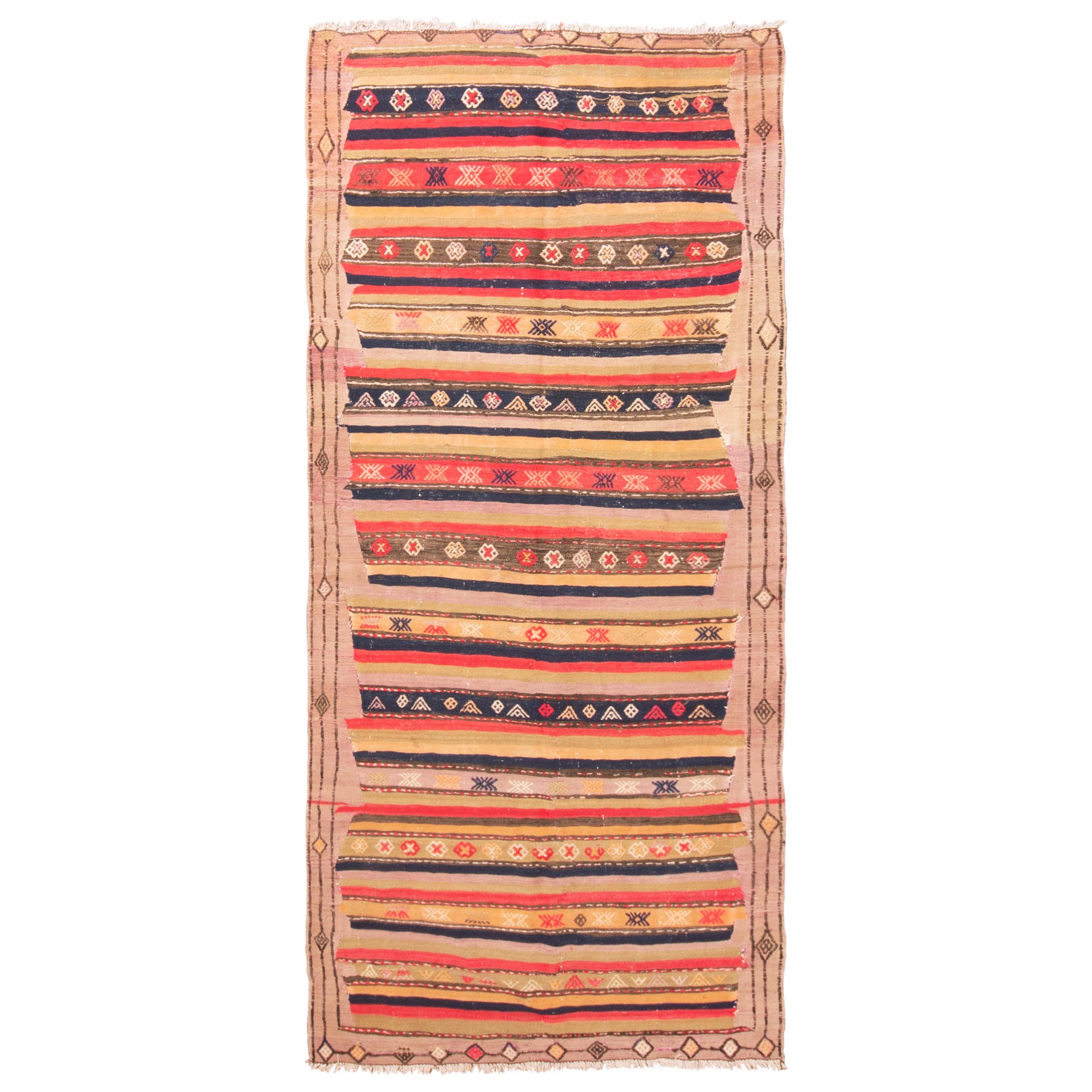 Antique Turkish Beige, Red, Yellow and Black Wool Kilim Rug