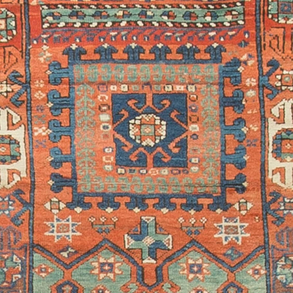 A Bergama antique Turkish rug reflecting a Caucasian style. Rug weaving in the Bergama region can be dated back to the 11th century. Size: 4' x 5'7
 