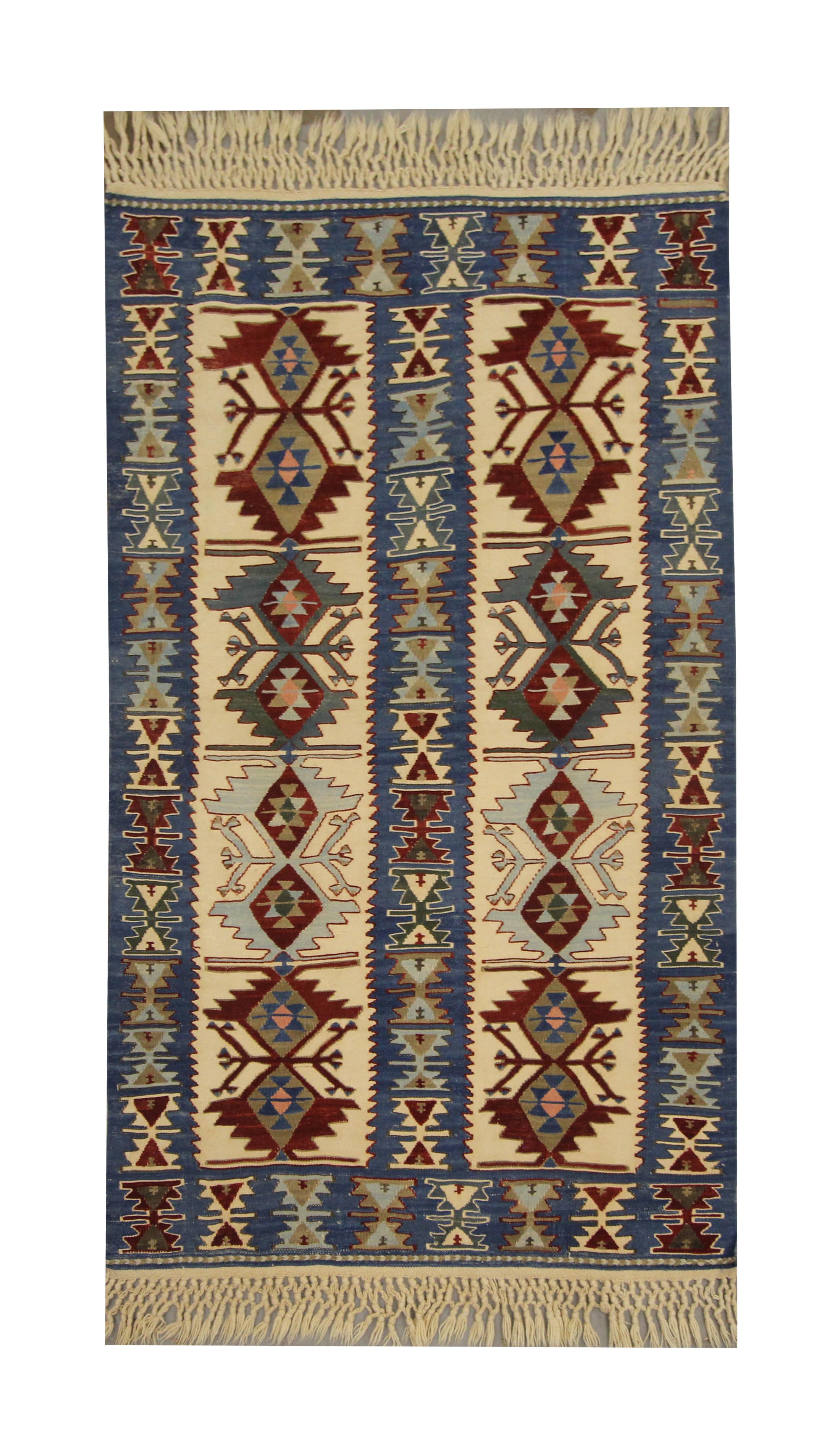 Rug & Kilim bleu turc ancien, tapis tribal géométrique en laine tissée à plat 90 x 142 cm en vente 4