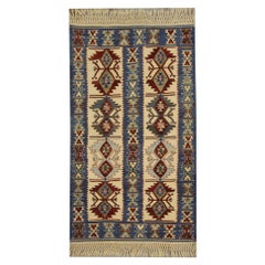 Antique Turkish Blue Kilim Rug, Tribal Geometric Wool Flatweave Rug 90 x 142 cm