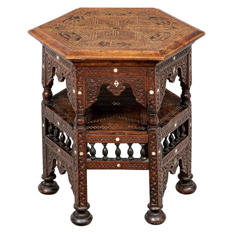 Antique Turkish Carved and Inlaid Side Table