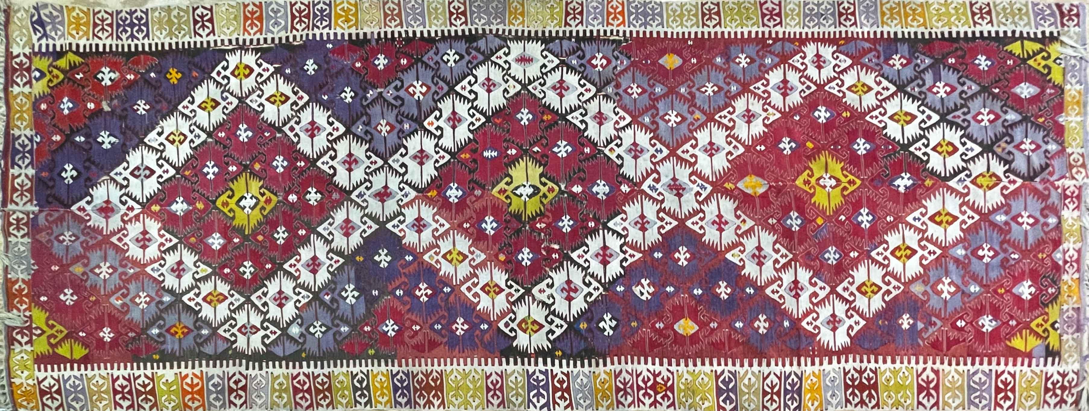 Antique Turkish Kilim, circa 1860 or earlier
It has geometric pattern both in the field and the border.
This Kilim made of two sections.
One of oldest that I have seen according the colors.


 