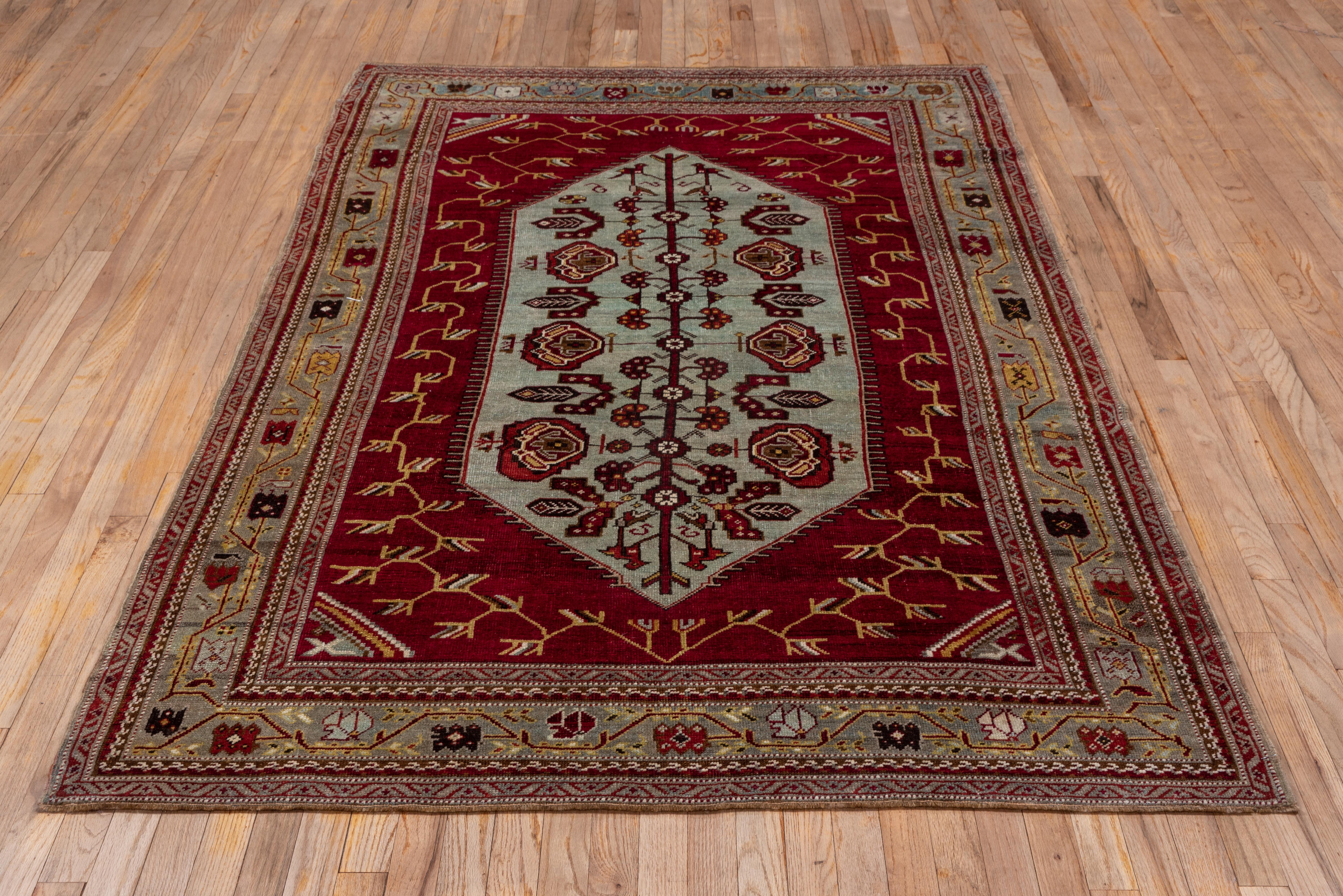 Hand-Knotted Antique Turkish Colorful Oushak Rug, Light Blue and Red Field For Sale