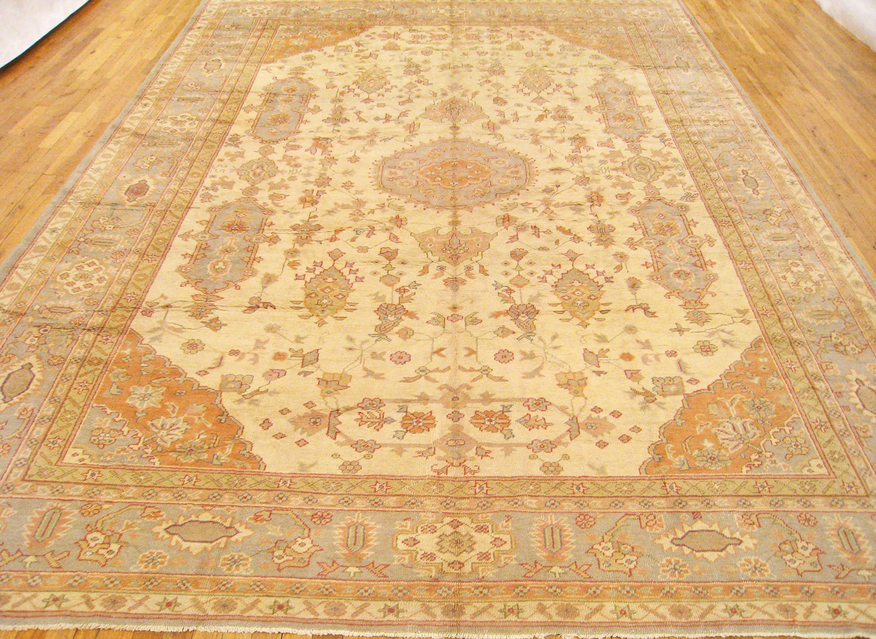 Hand-Knotted Antique Turkish Decorative Oriental Oushak Rug in Room Size For Sale
