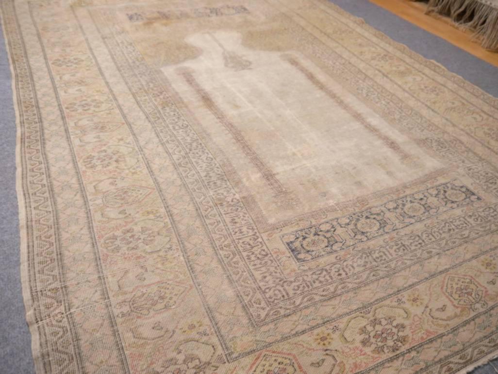 Beautiful antique Turkish distressed silk prayer rug from Bandirma. Great vintage condition with low pile.