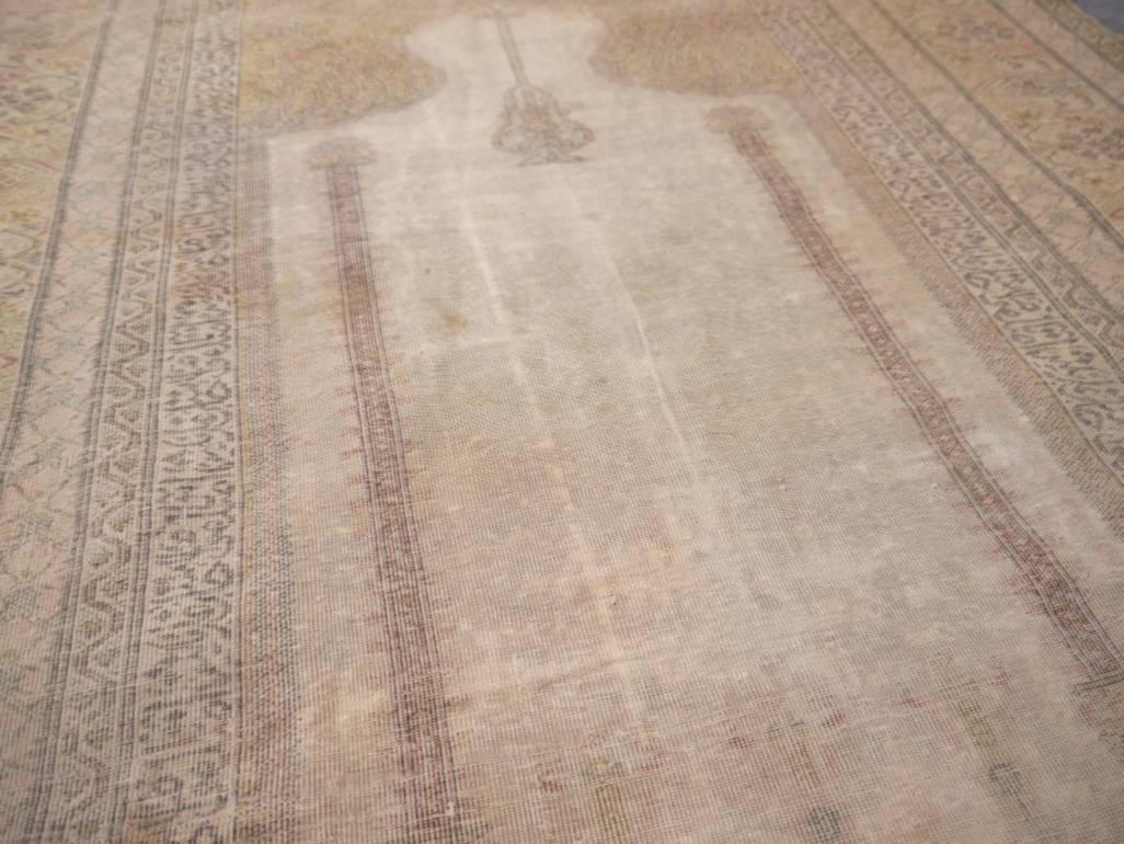 Hand-Knotted Antique Turkish Distressed Bandirma Silk Prayer Rug