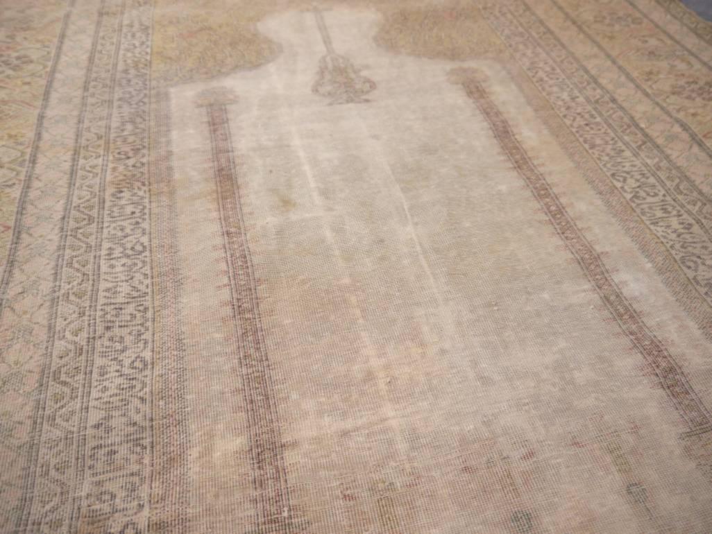 Hand-Knotted Antique Turkish Distressed Bandirma Silk Prayer Rug