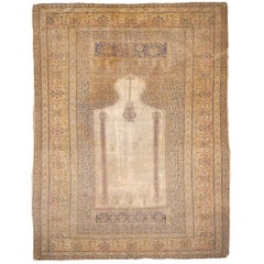 Antique Turkish Distressed Bandirma Silk Prayer Rug