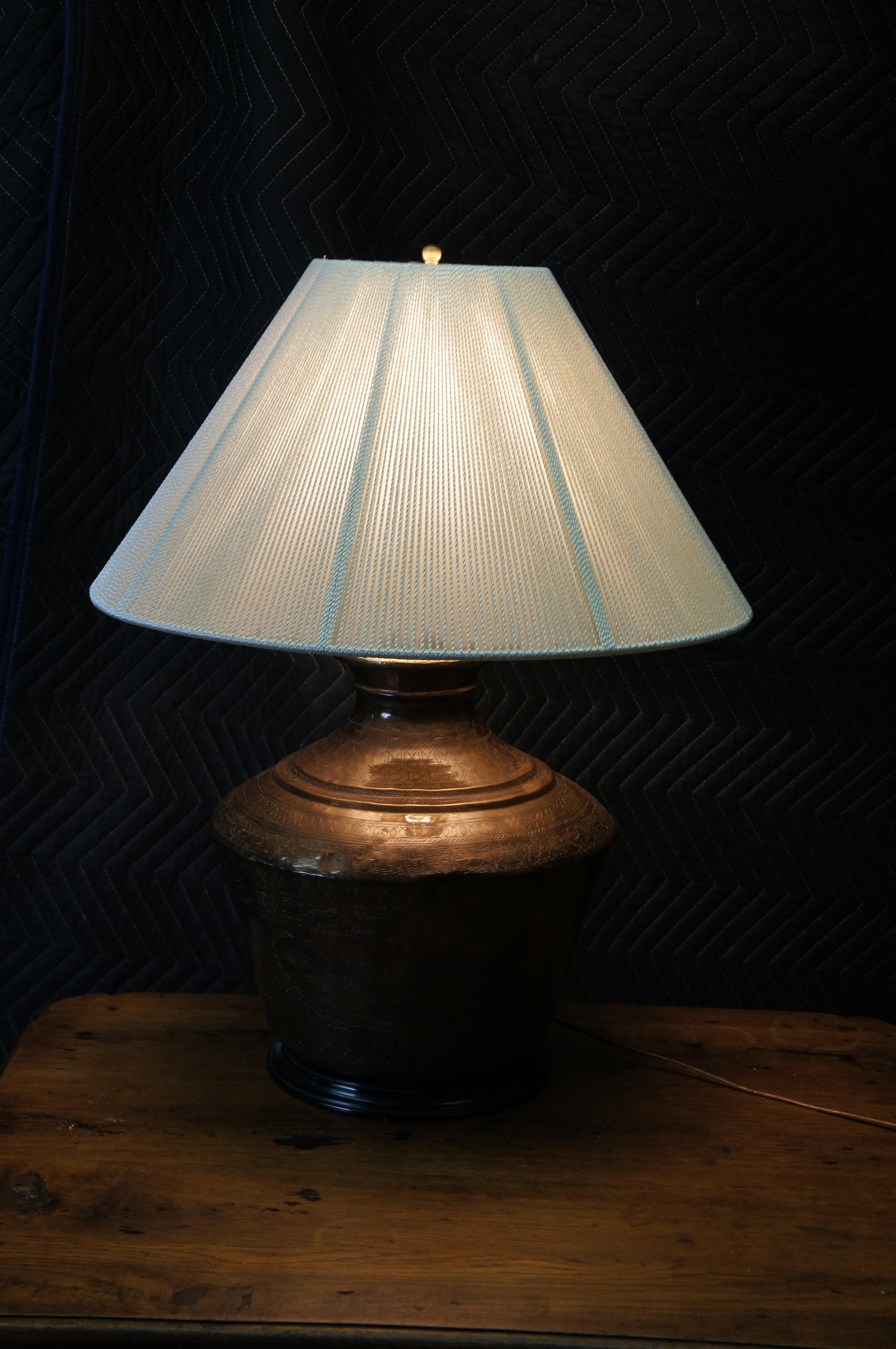 Antique Turkish Floral Bird Etched Dovetailed Brass Vase Urn Table Lamp 26