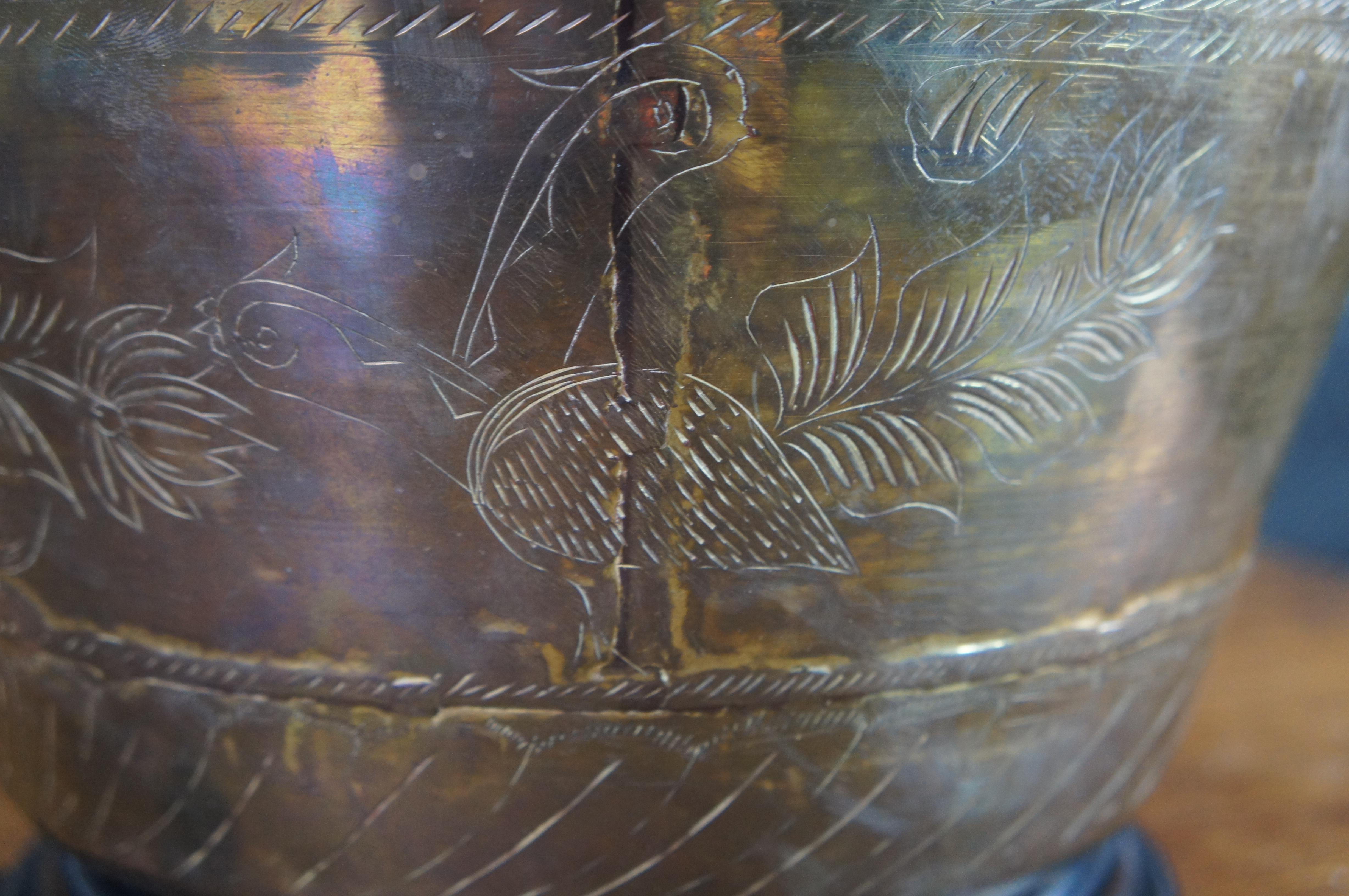 Antique Turkish Floral Bird Etched Dovetailed Brass Vase Urn Table Lamp 26