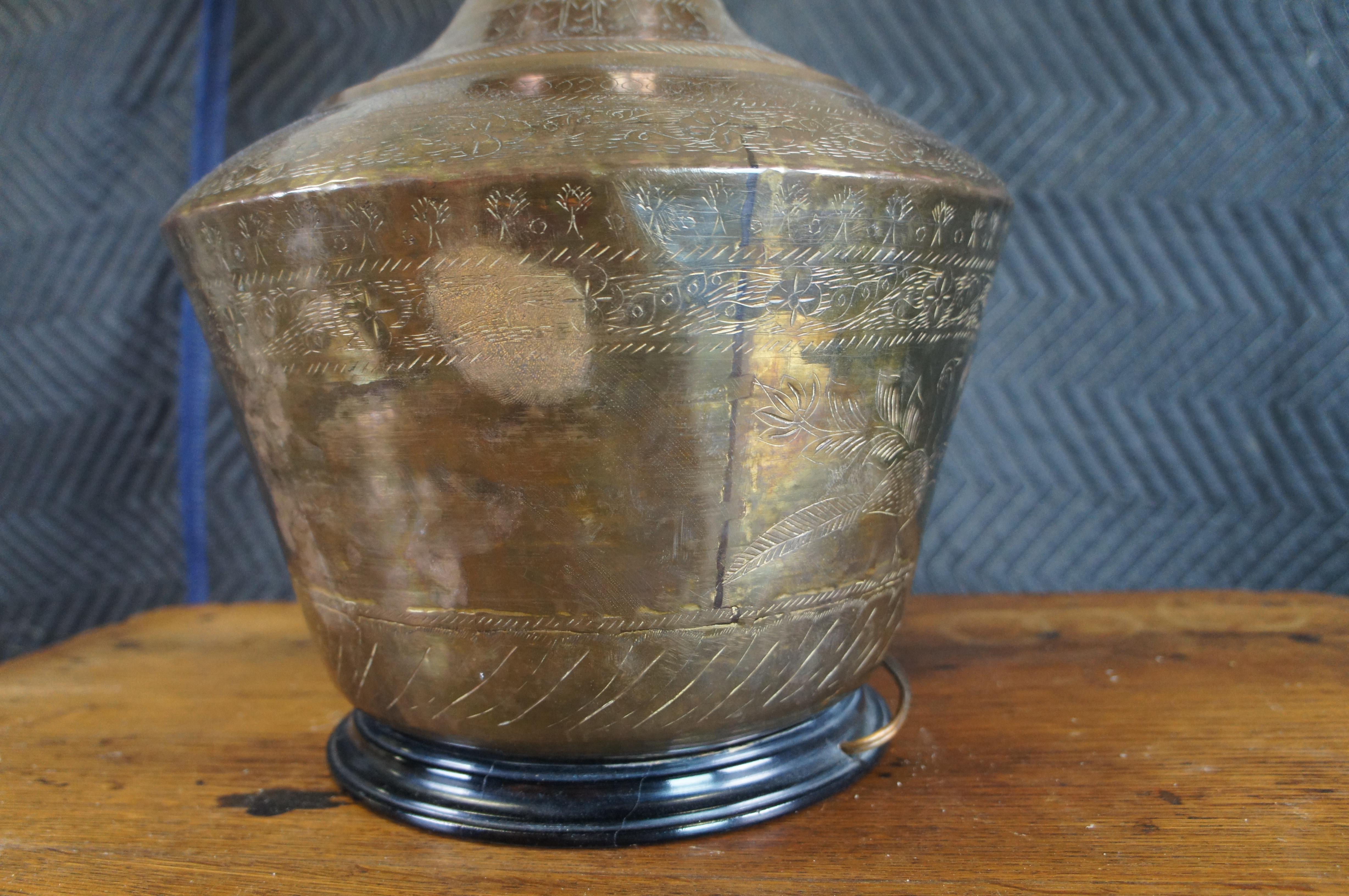Antique Turkish Floral Bird Etched Dovetailed Brass Vase Urn Table Lamp 26
