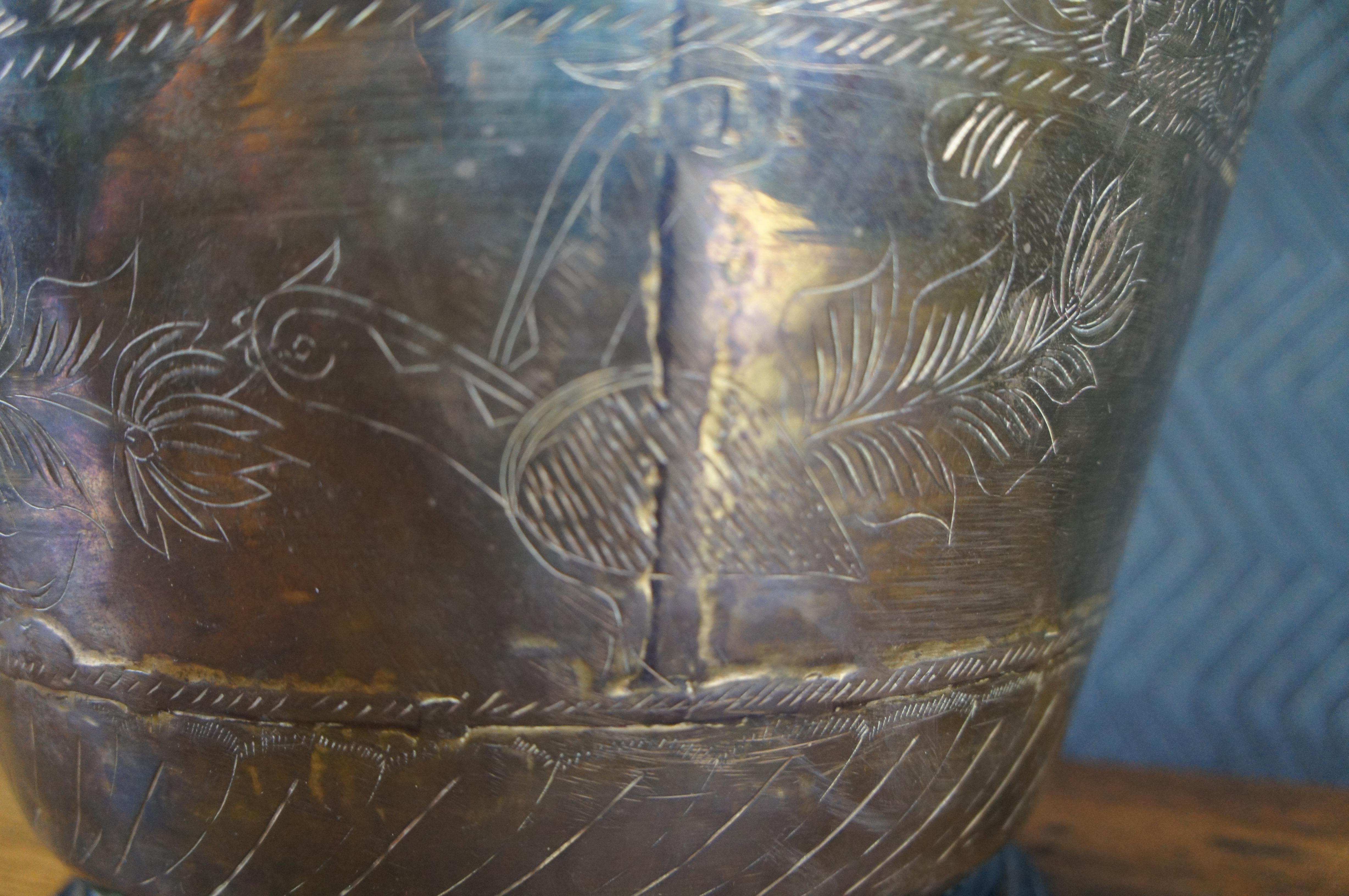 Antique Turkish Floral Bird Etched Dovetailed Brass Vase Urn Table Lamp 26