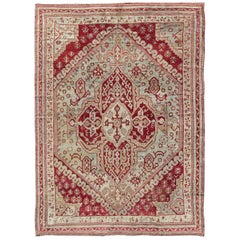 Antique Turkish Ghiordes 19th Century Rug in Raspberry Red, Ice Blue & L. Green