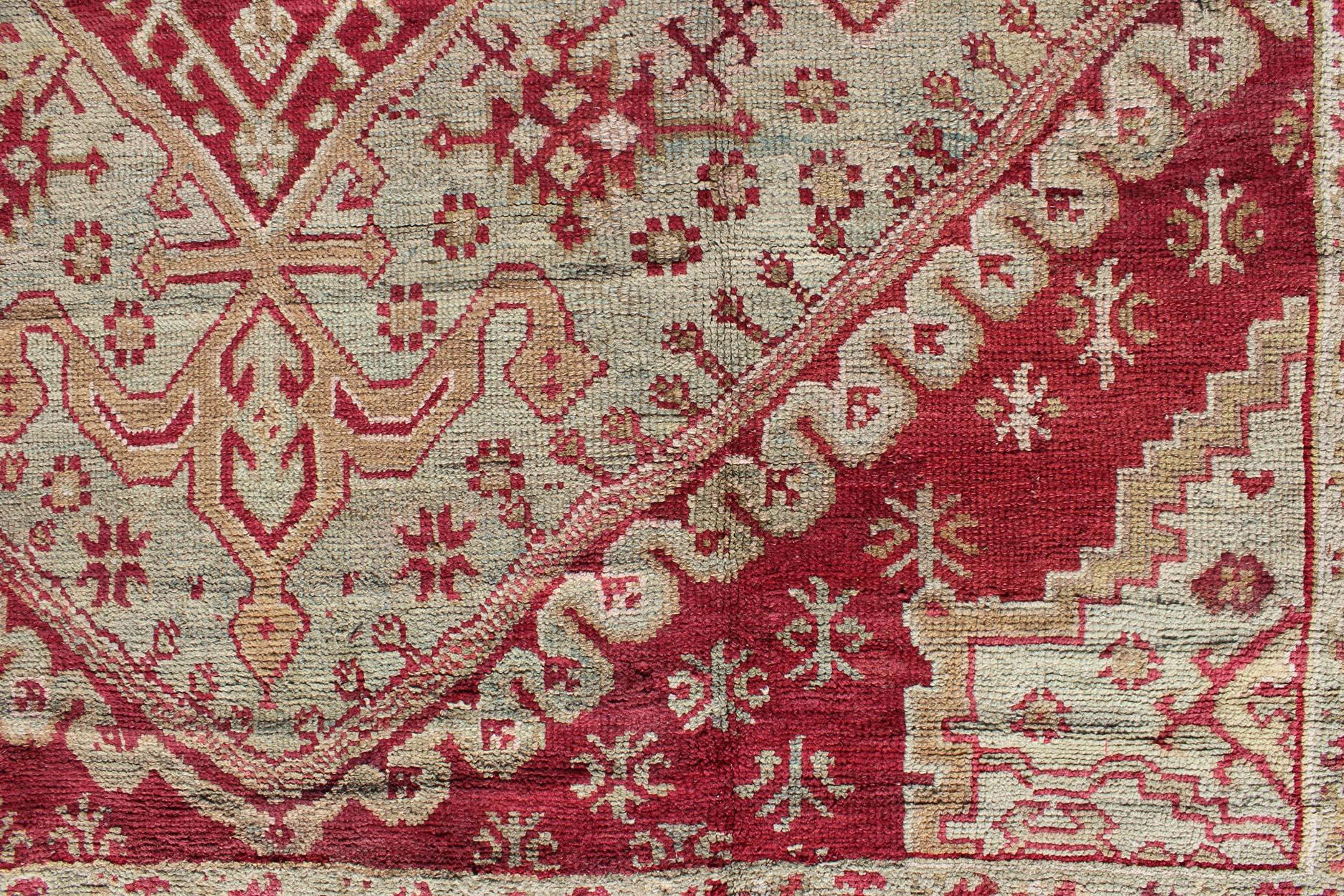 Antique Turkish Ghiordes 19th Century Rug in Raspberry Red, Ice Blue & L. Green For Sale 2